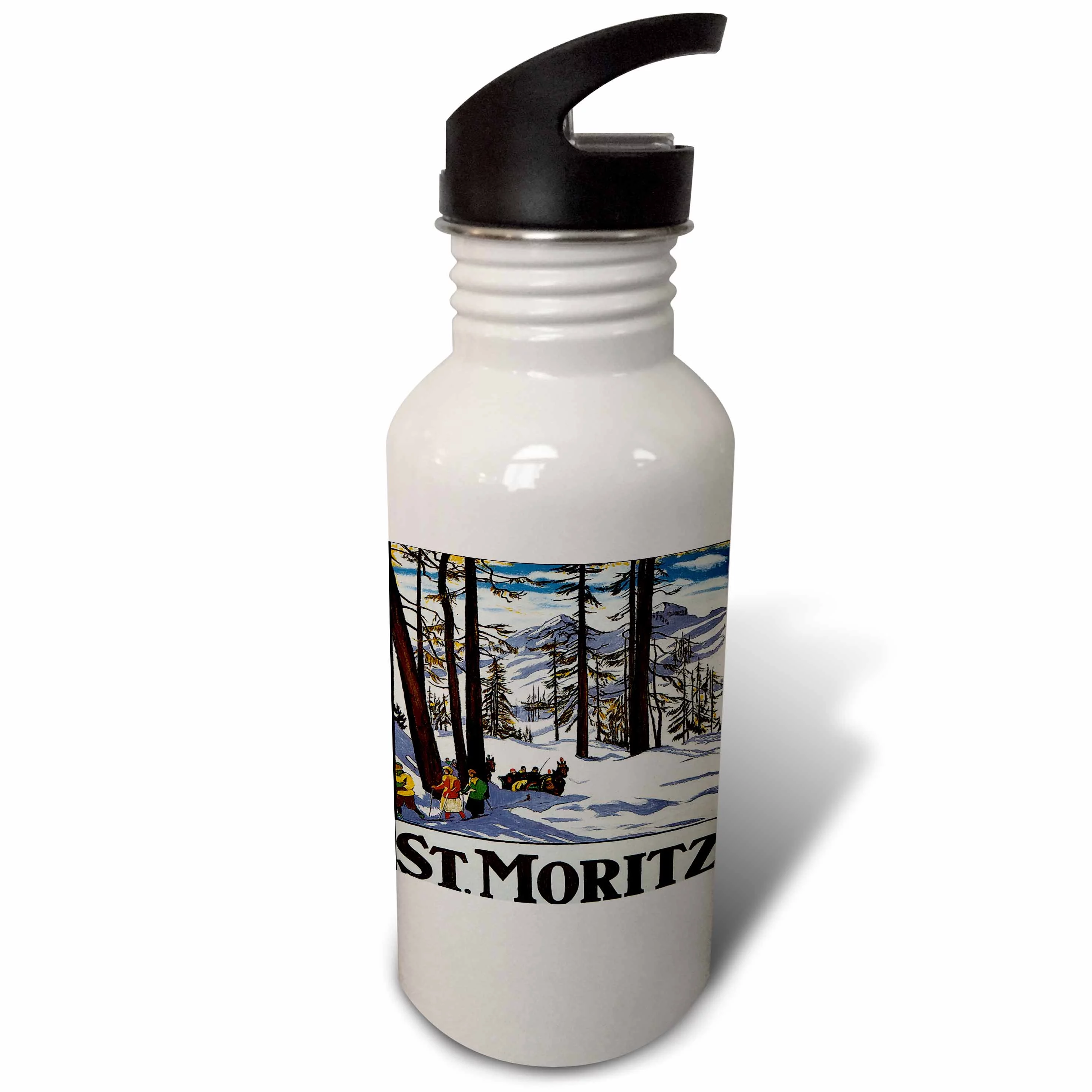 St. Moritz Winter Scene with People Skiing and Horse Drawn Sleigh 21 oz Sports Water Bottle wb-170744-1