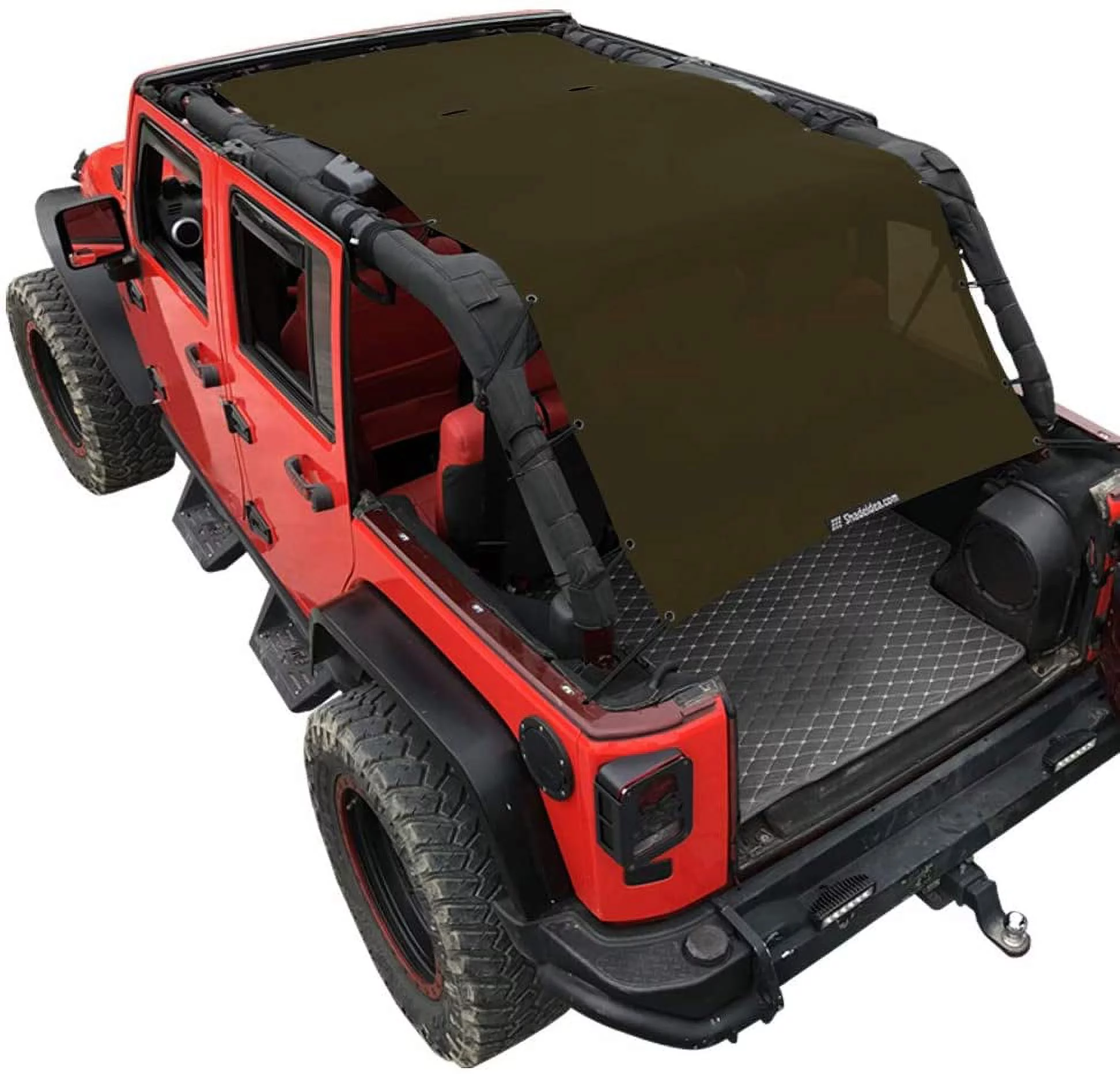 Shadeidea Jeep Wrangler Top Sunshade JK Unlimited Sun Shade JKU 4 Door Top 2007-2018 Front+Rear+Trunk-Tank Green Mesh Screen Cover UV Blocker with Grab Bag Storage Pouch-10 Years Warranty