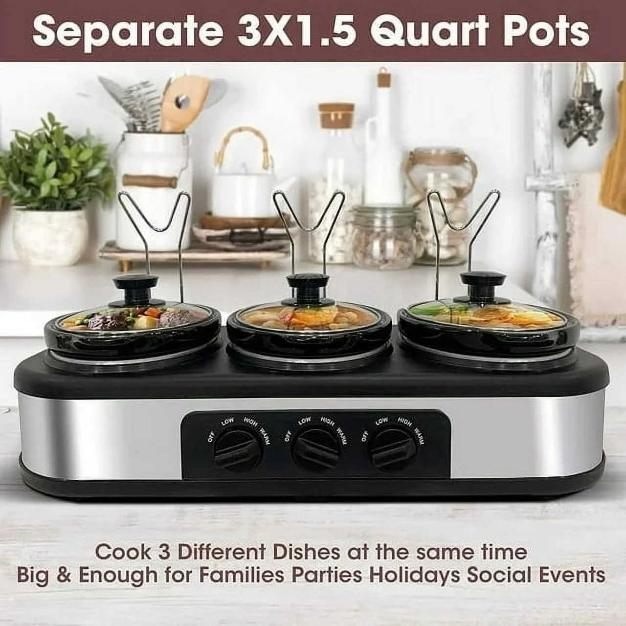 CozyHom 3-Pot Electric Slow Cooker, 4.5 Qt Food Warmer Pot with Adjustable Temp Removable Pots Lid Rests Pot, Black