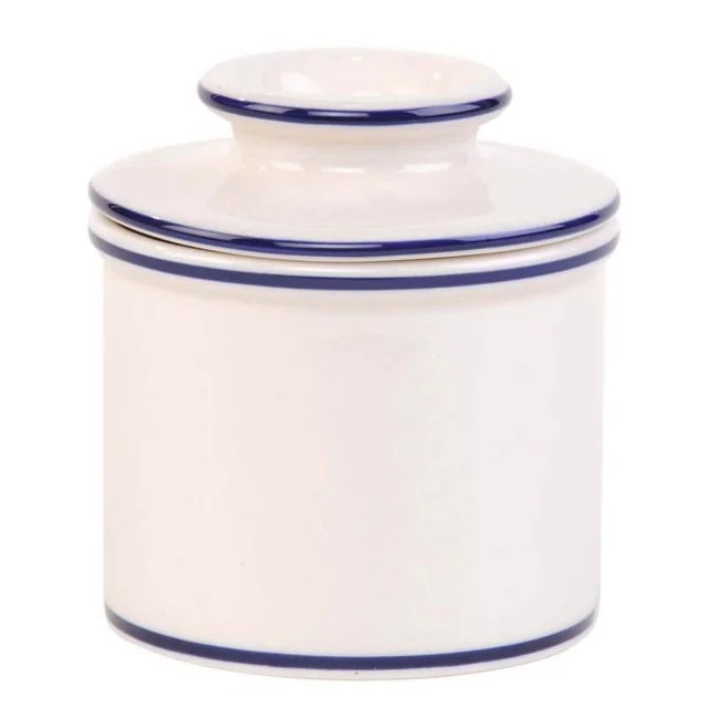 Butter Bell - The Original Butter Bell crock by L Tremain, a Countertop French Ceramic Butter Dish Keeper for Spreadable Butter, Le Bistro, White with Blue Trim