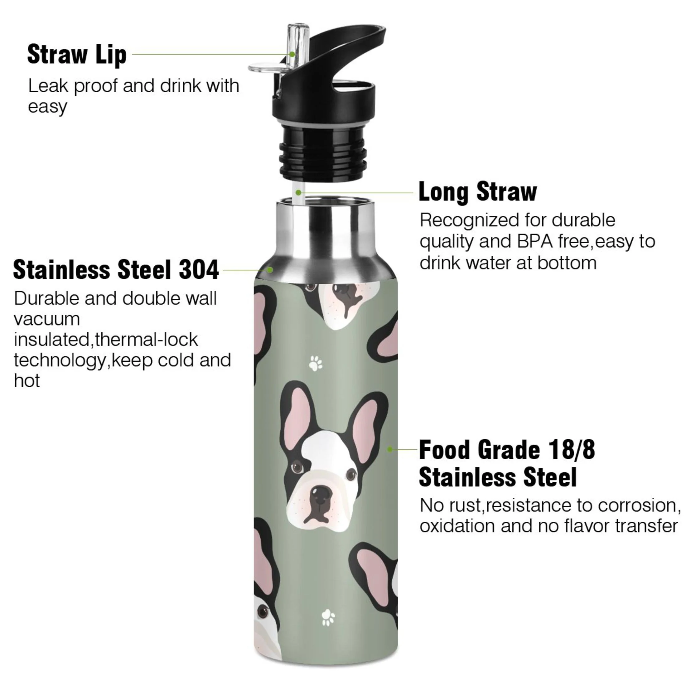 Water Bottle with Straw Lid Leak Cute Dog Puppies Stainless Steel Insulated Thermos Vacuum Flask for Cold Hot Drinking for Sports Camping Gym Yoga