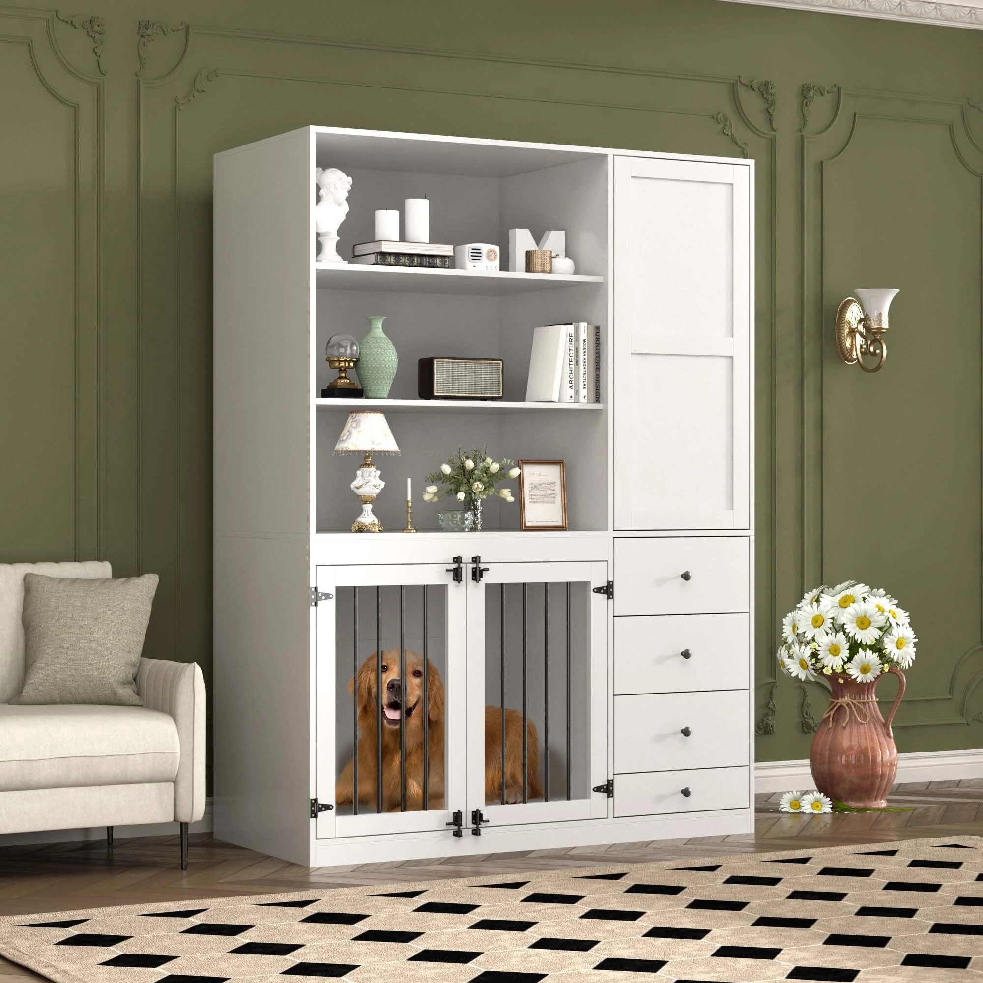 Indoor Dog Crate Furniture with Shelves & Drawers & Dog Bowl, 70.9