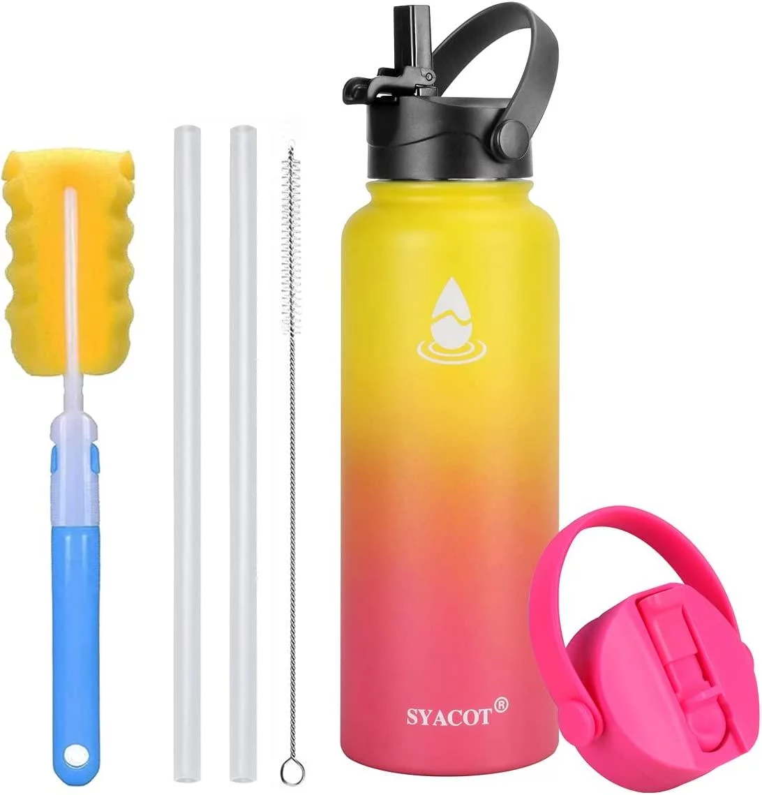 40 oz Stainless Steel Water Bottle, Insulated Double Wall Vacuum Leak Proof Water Flask, Metal Thermo Canteen Mug —Wide Mouth with 2 Straw Lids