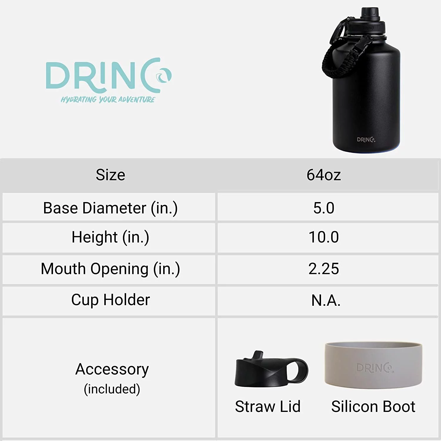 Drinco Water Bottle Double Wall Vacuum Insulated Stainless Steel, 64oz Black