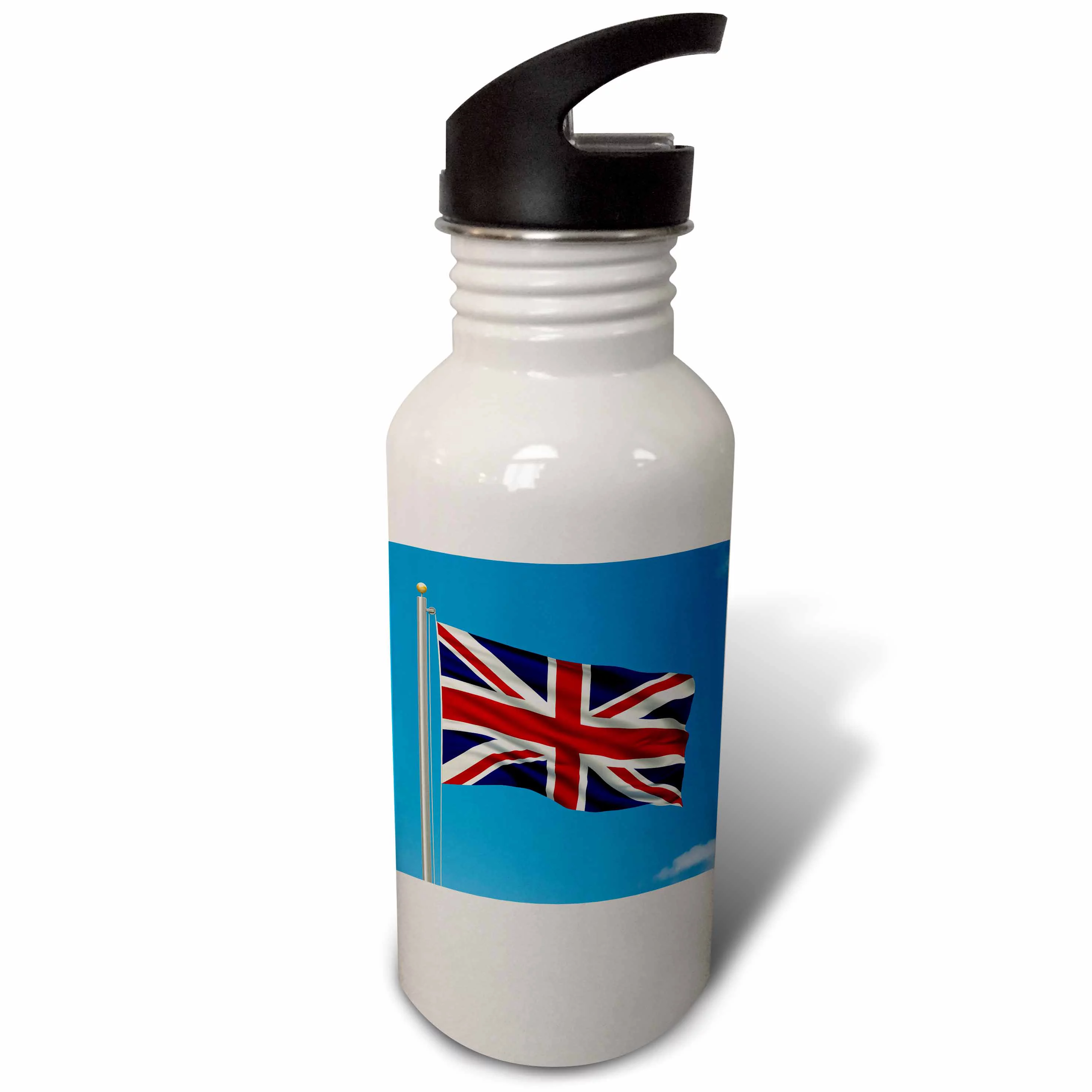 Flag of the United Kingdom on a flag pole with blue sky UK Great Britain British 21 oz Sports Water Bottle wb-157079-1