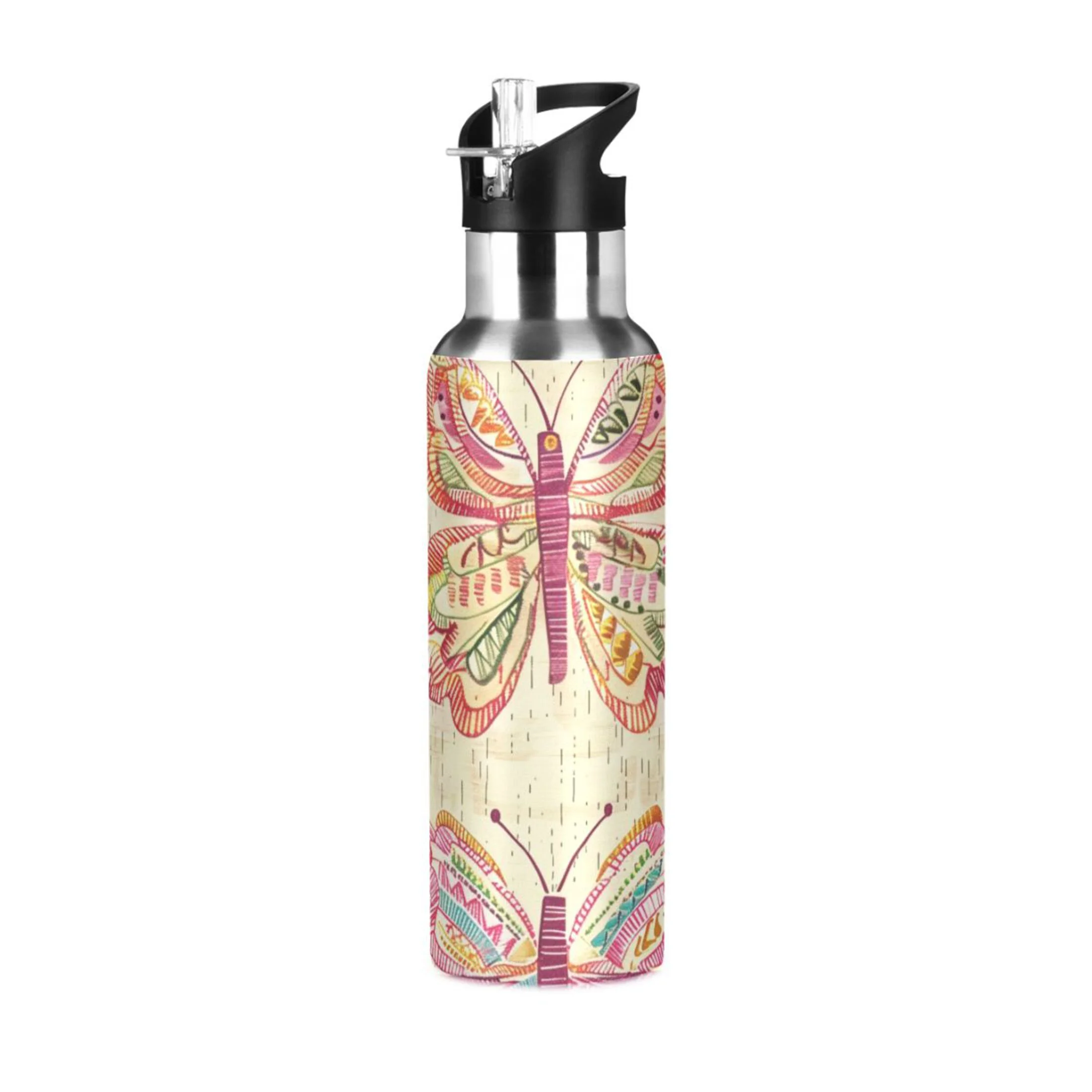 Butterfly Retro Style Water Bottles Insulated Thermos Kids Stainless Steel Bottle with Straw Lid Flask Leakproof for Sports Gym 20 oz