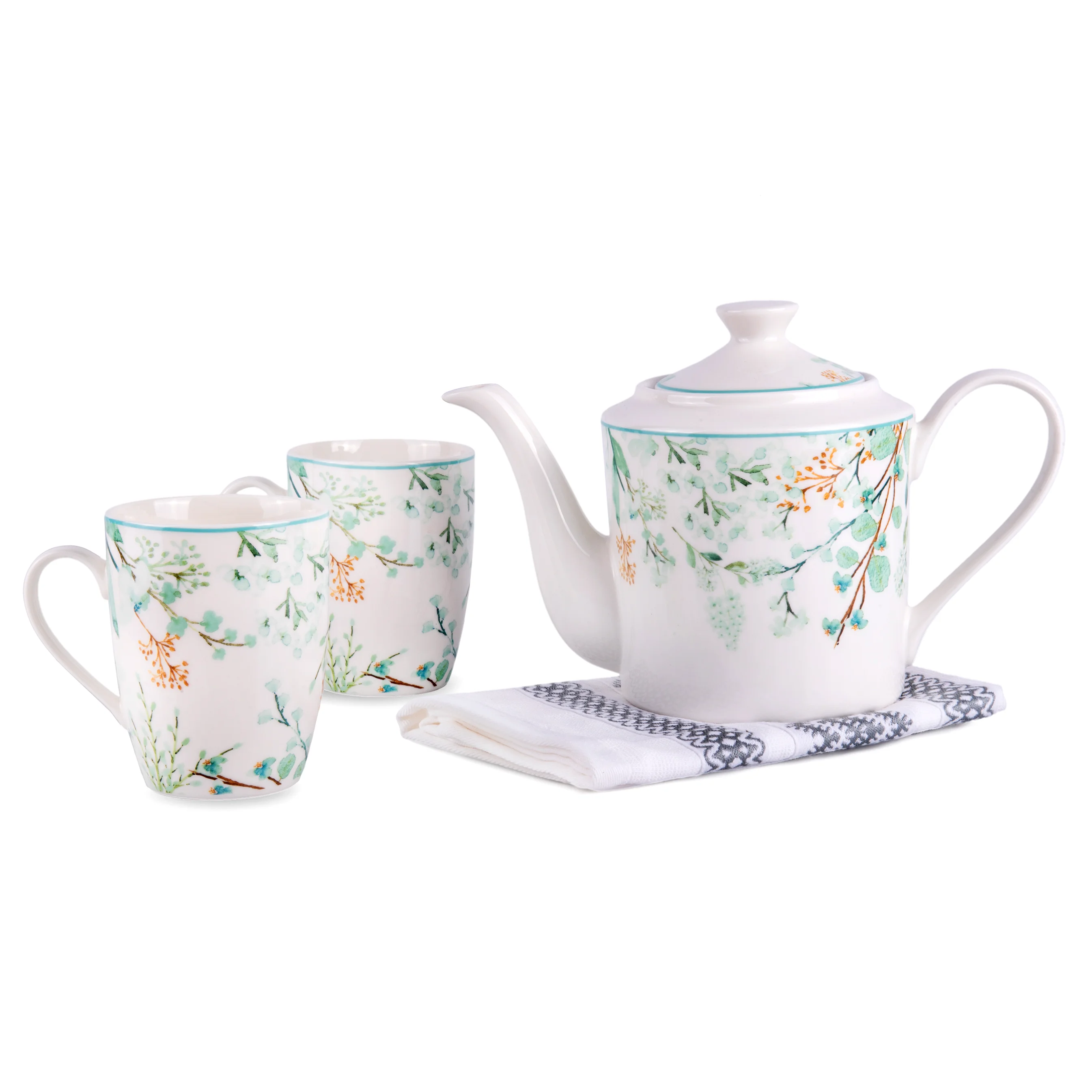 The Botanical Garden Bone China 1 Teapot & 2 Mugs Set with 1 Assorted Cotton Kitchen Towel in Gift Box