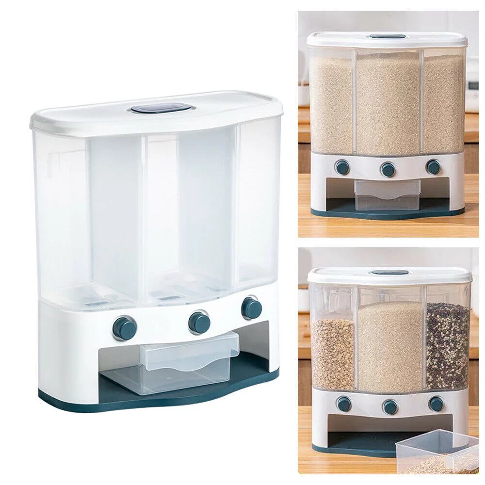 OUKANING 6L Cereal Storage Dispenser 3-Grid Automatic Rice Dispenser Storage Container Kitchen