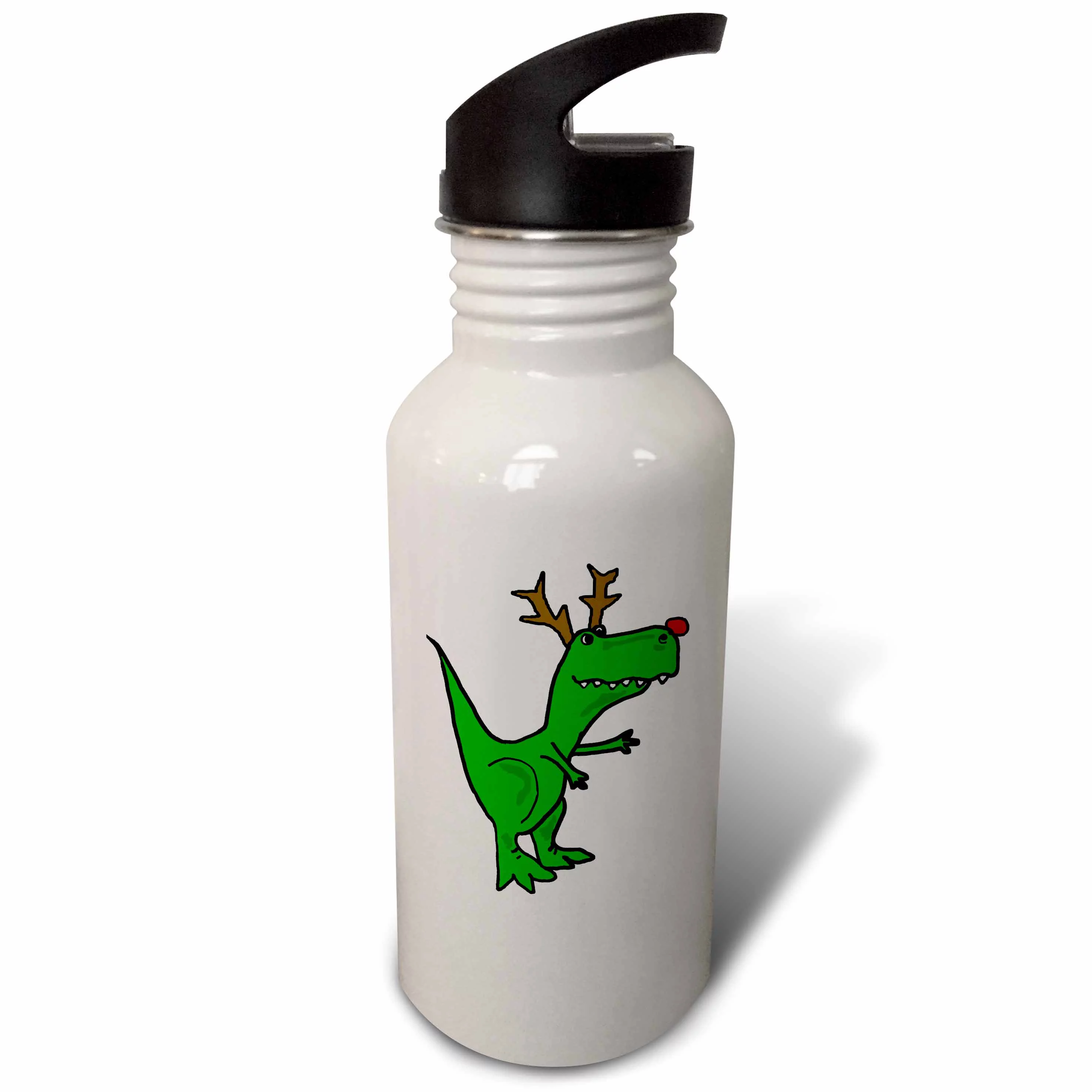 Funny Green T-Rex Dinosaur Dressed as Rudolph Reindeer 21 oz Sports Water Bottle wb-220491-1