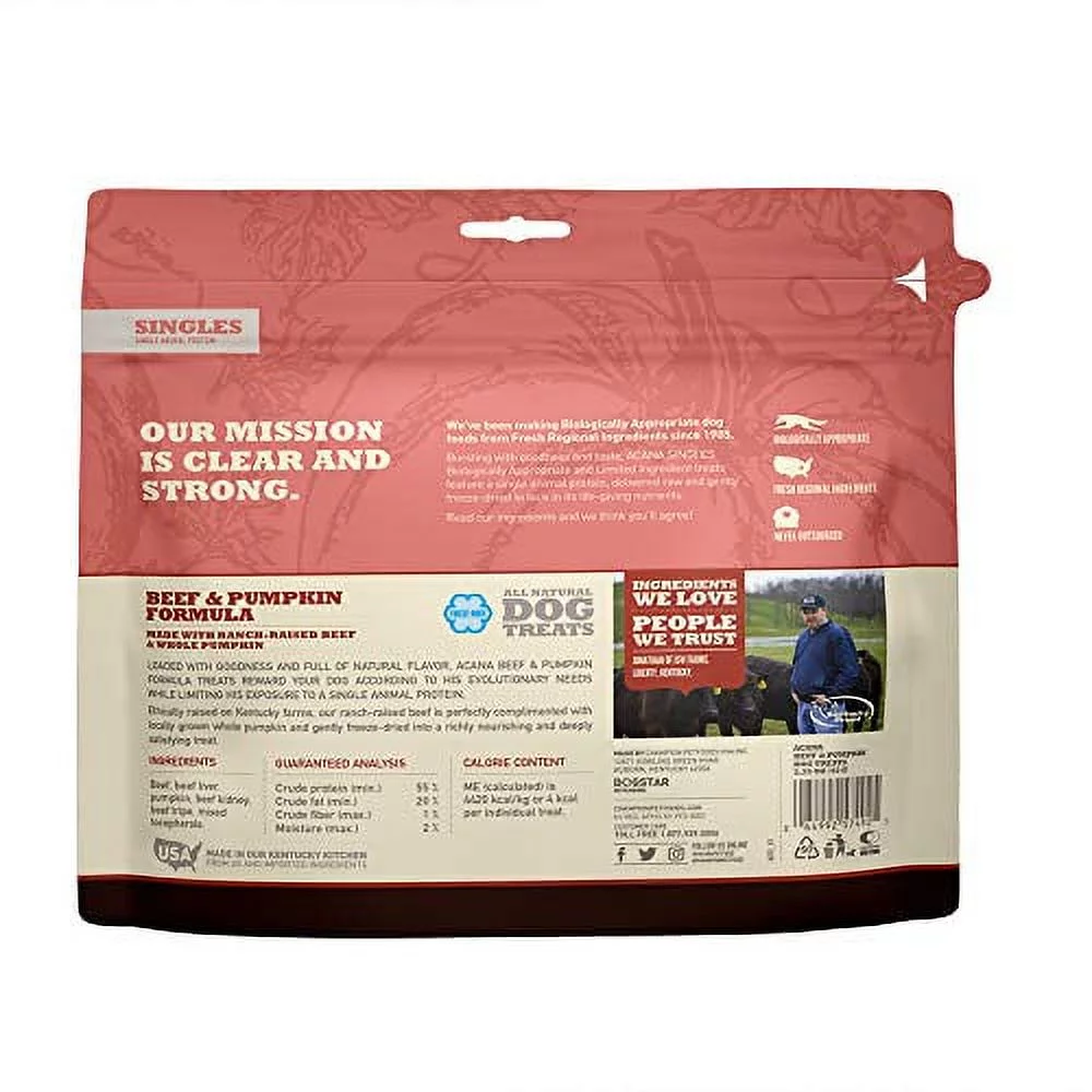 Acana Singles Grain Free Dog Treats, Limited Ingredients & Freeze-Dried, Made in USA, Beef & Pumpkin, 3oz