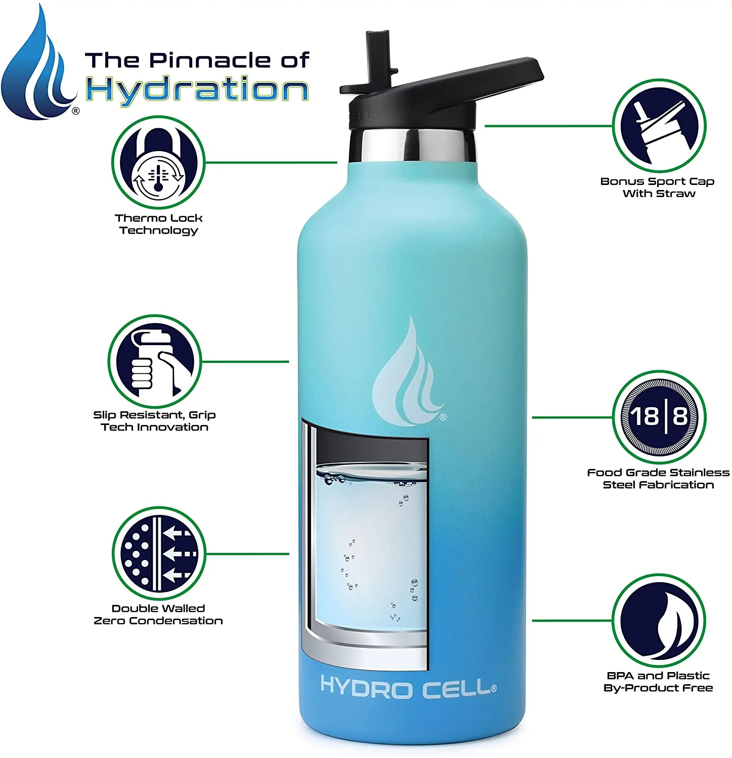 HYDRO CELL Stainless Steel Water Bottle w/Straw & Standard Mouth Lids