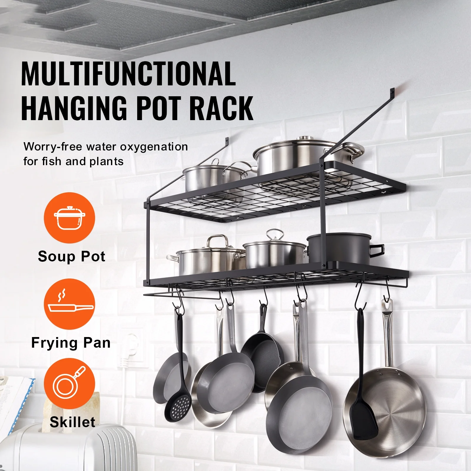 BENTISM Pot Rack Wall Mounted, 30 inch Pot and Pan Hanging Rack, Pot and Pan Hanger with 12 S Hooks, 55 lbs Loading Weight, Ideal for Pans, Utensils, Cookware in Kitchen