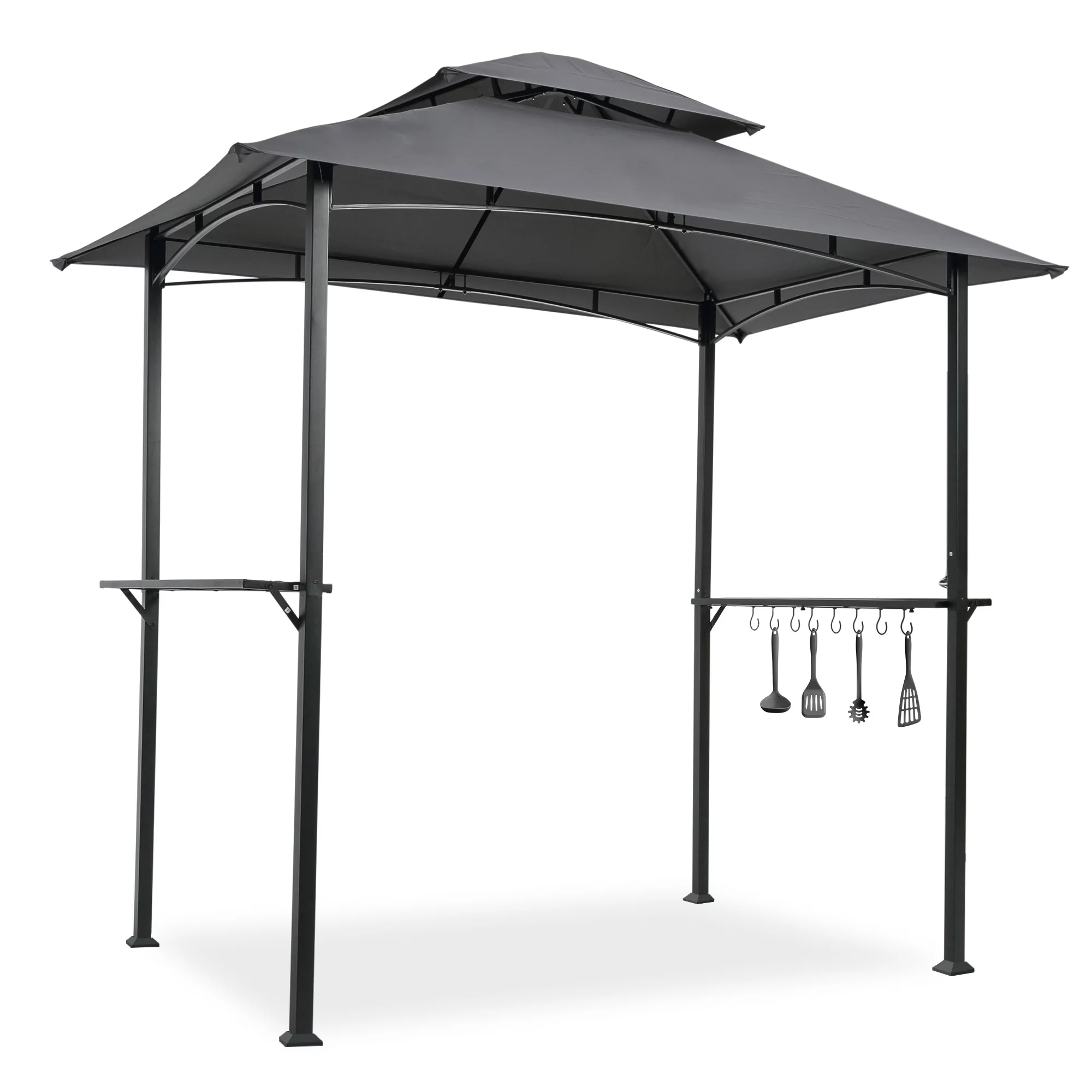 Outdoor Grill Gazebo 8 x 5 Ft, Shelter Tent, Double Tier Soft Top Canopy and Steel Frame with hook and Bar Counters, Grey