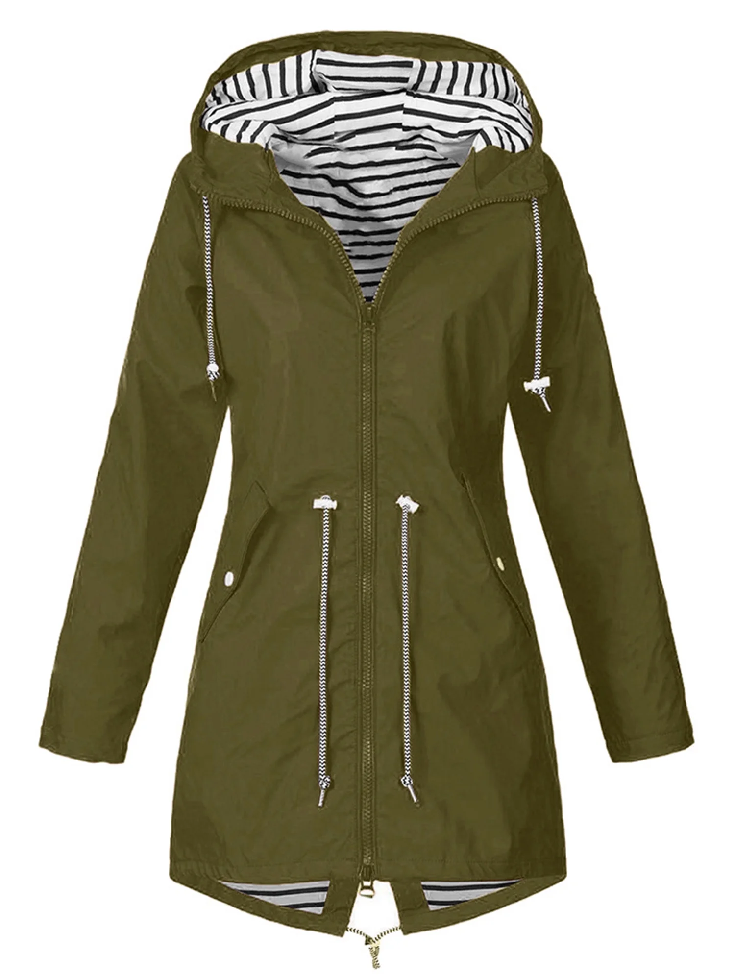 Sunisery Women Coat Hooded Raincoat Windproof Warm Drawstring Zipper Long Windbreaker