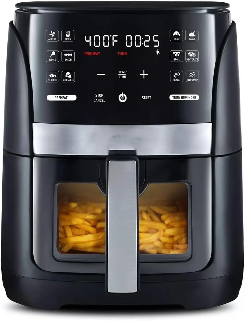 FM 6-Qt Digital Window Air Fryer with 12 Presets & Guided Cooking Black, Easy to Clean, Dishwasher Safe, Nonstick