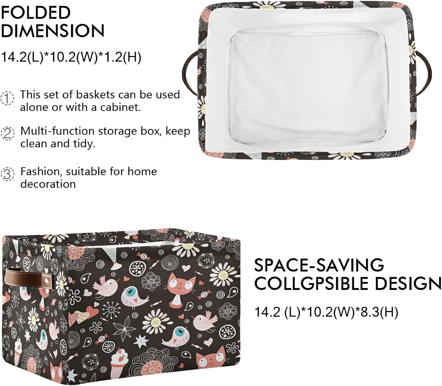 FREEAMG Birds Cat Storage Bin for Toy Storage Basket Dirty Clothes Sundries Office Home Closet Organizer Shelf Cube Box Waterproof Laundry Basket, 1 PCS