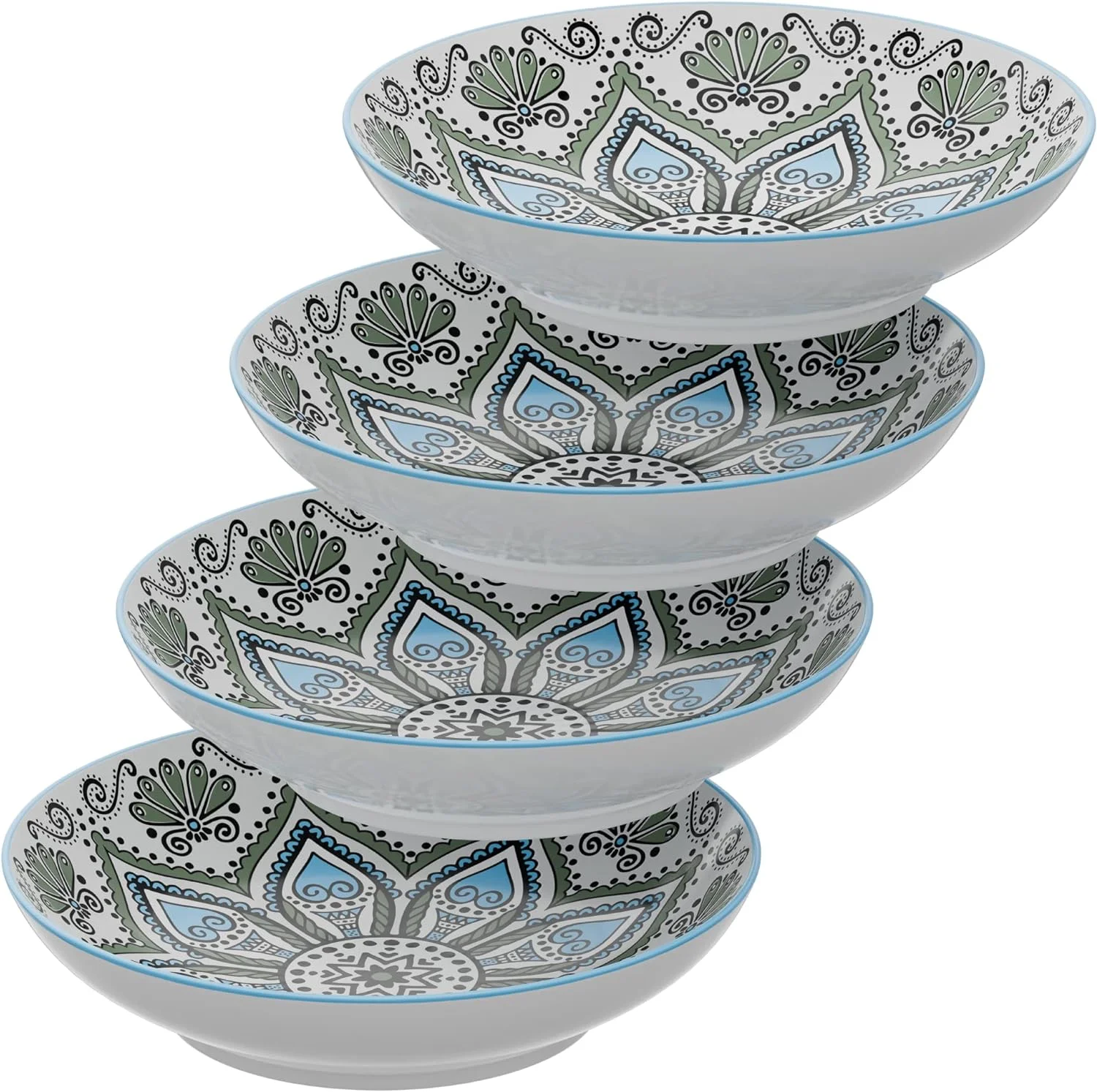 Pasa Bowls | Se Of 4 | Large, 9-Inch, Dinner Serving Plaes | Wide And Shallow Bowls Se For Pasa, Salad, Soup, Spaghei, Sews, Or Cereal | Medallion Moif (Blue & Whie)