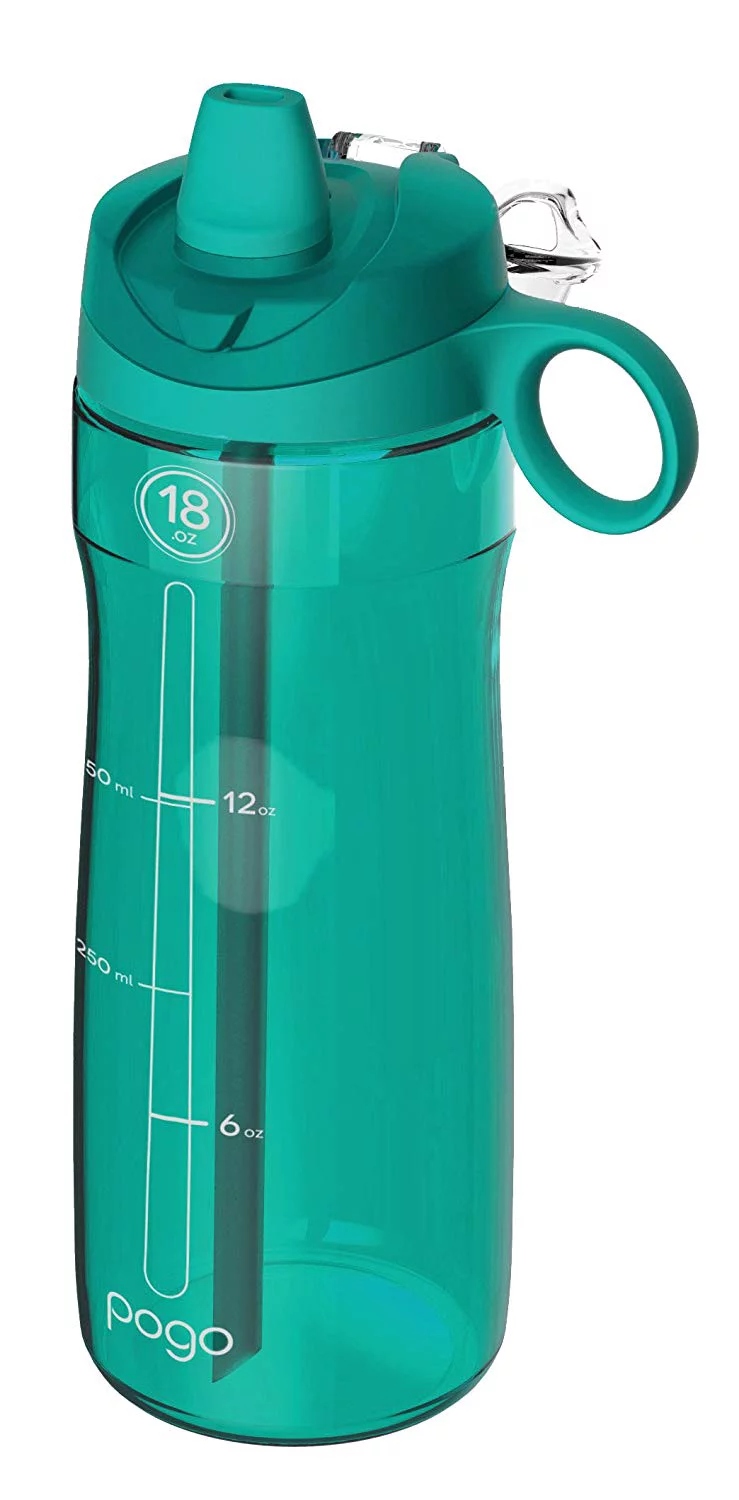 Pogo BPA-Free Plastic Water Bottle with Soft Straw, Teal, 18 oz.