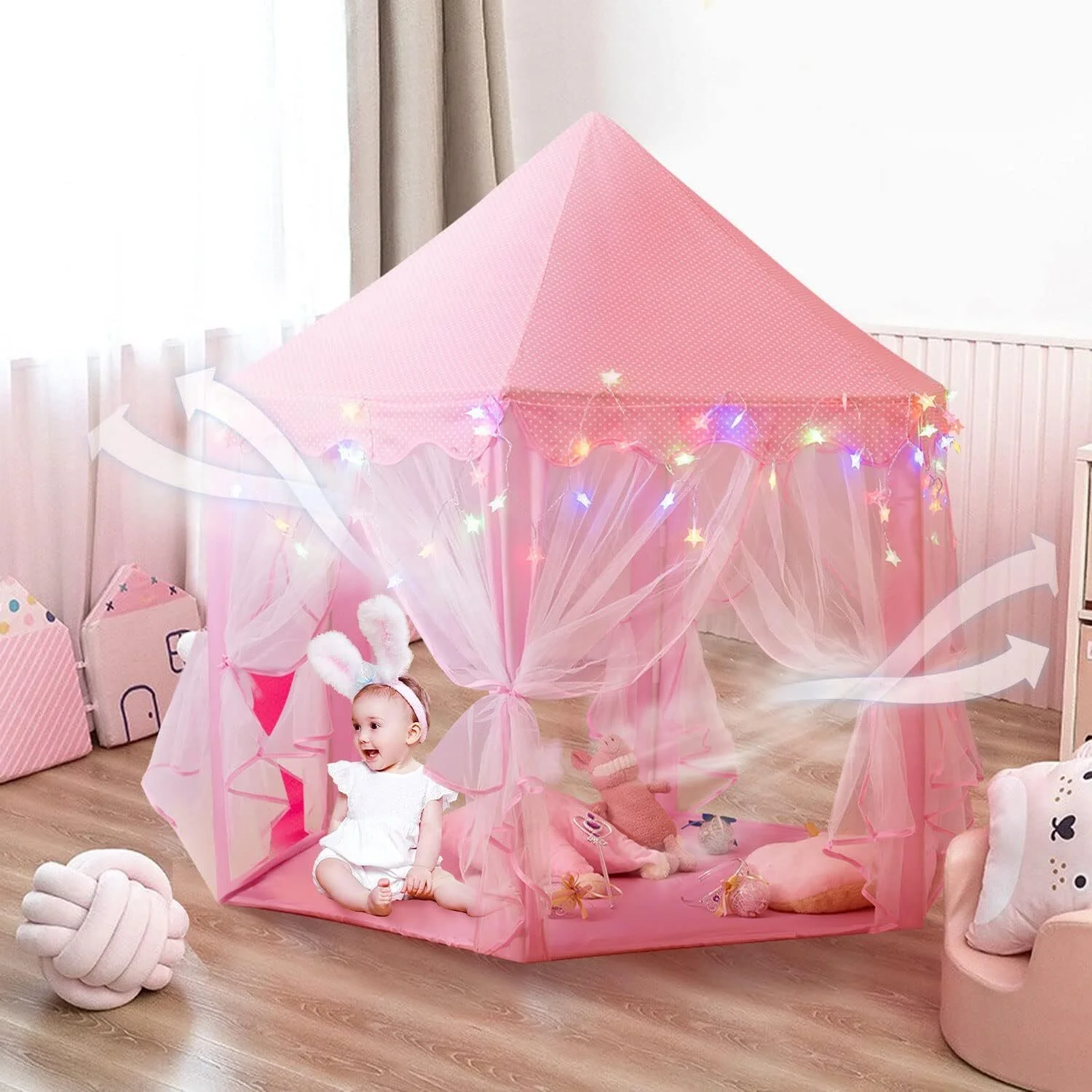 Ant Class Princess Castle Play Tents, Princess Tent with Light, Indoor Outdoor Large Polyester Playhouse for Girls