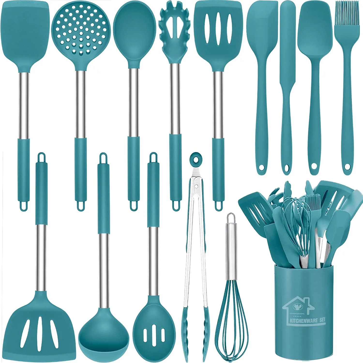15 PCS Silicone Kitchen Cooking Utensils Set, Heat-Resistant Utensil Set with Premium Stainless Handles for Cooking and Baking, Non-Stick Spatula Kitchen Gadgets Cookware Set(Blue)