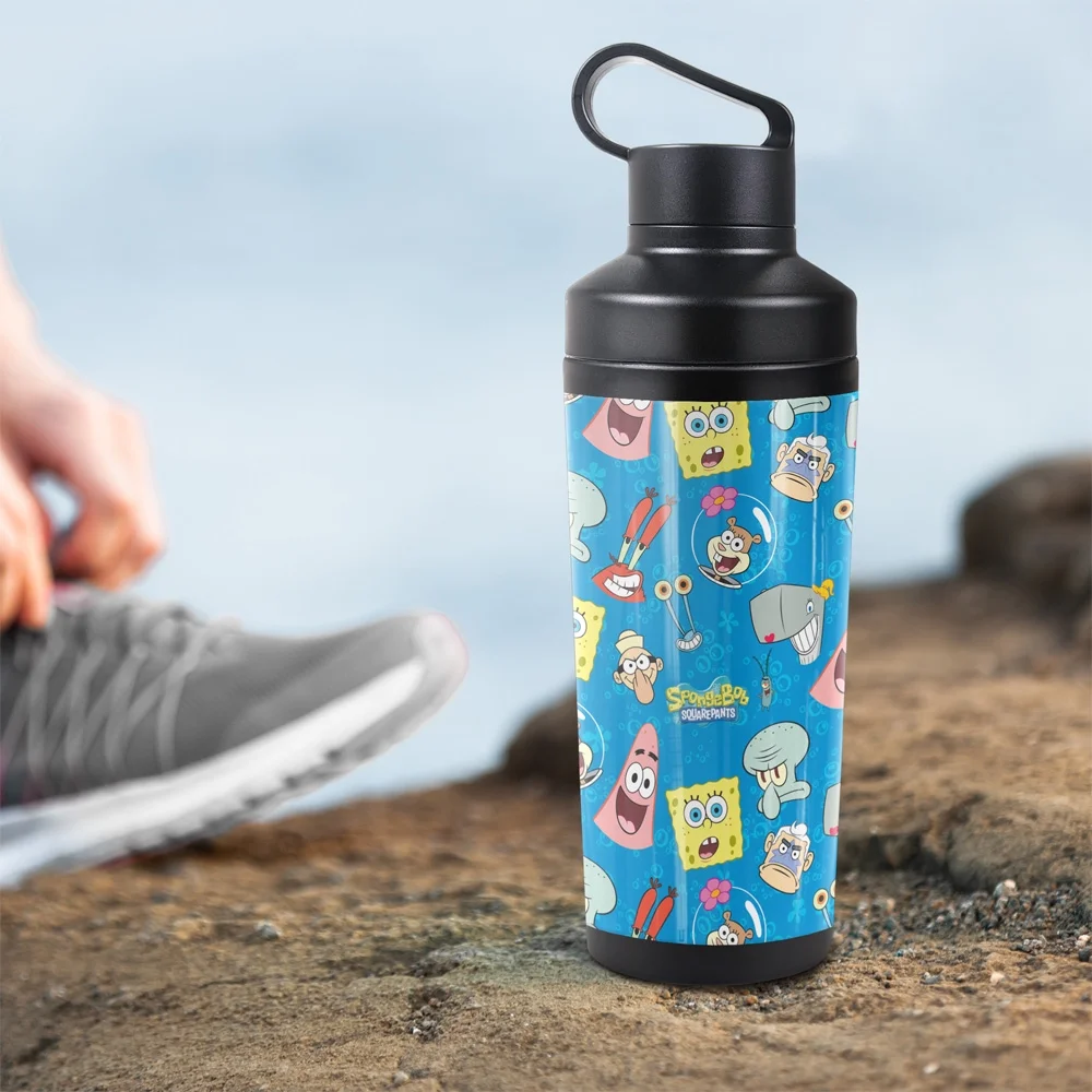 Spongebob Official Head Pattern 18 oz Insulated Water Bottle, Leak Resistant, Vacuum Insulated Stainless Steel with 2-in-1 Loop Cap