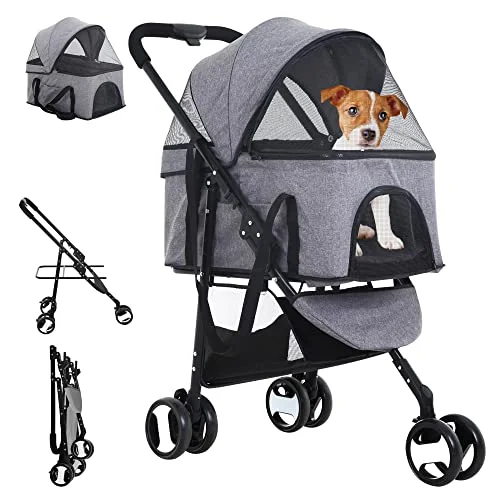 BLKMTY Dog Stroller 3-in-1 Folding Pet Stroller 3 Wheels Cat Stroller w/Storage Basket Dog Carrier Trolley One-Button Switch Travel Stroller with Safety Belt Detachable Carrier Stroller, Grey