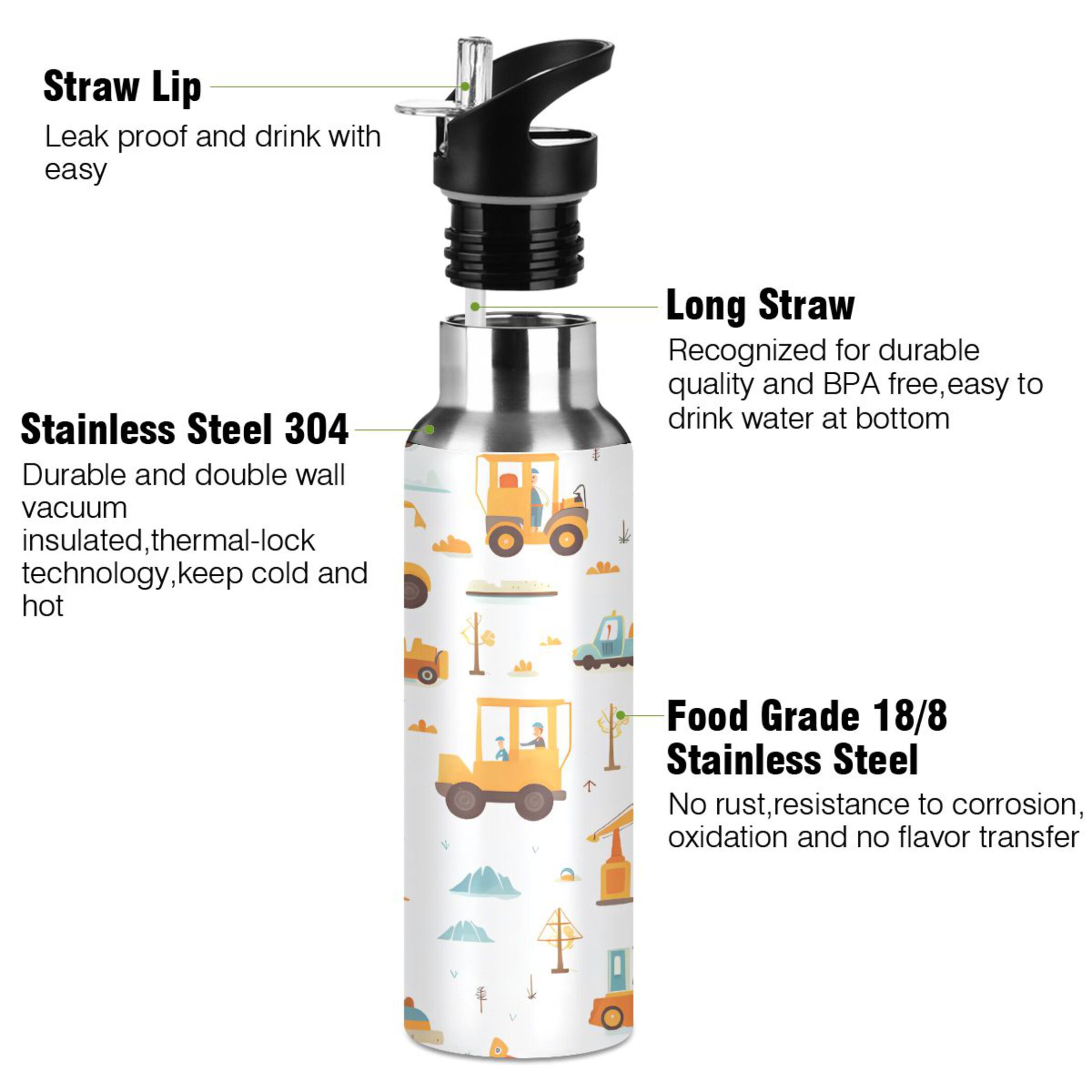 Water Bottle with Straw Lid Leak Cartoon Excavator Trucks Stainless Steel Insulated Thermos Vacuum Flask for Cold Hot Drinking for Sports Camping Gym Yoga