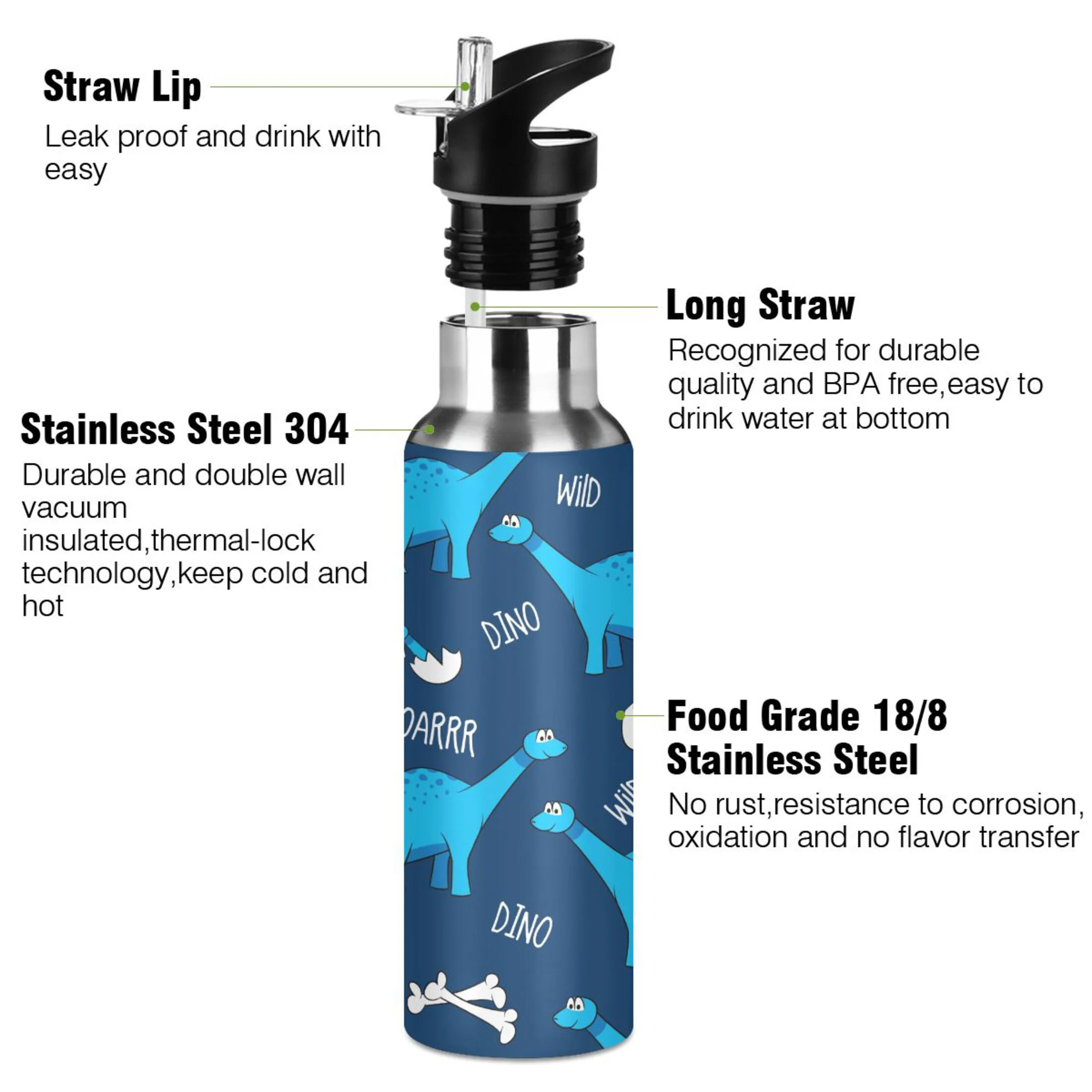 Water Bottle with Straw Lid Leak Funny Cartoon Dinosaurs Bones Eggs Stainless Steel Insulated Thermos Vacuum Flask for Cold Hot Drinking for Sports Camping Gym Yoga