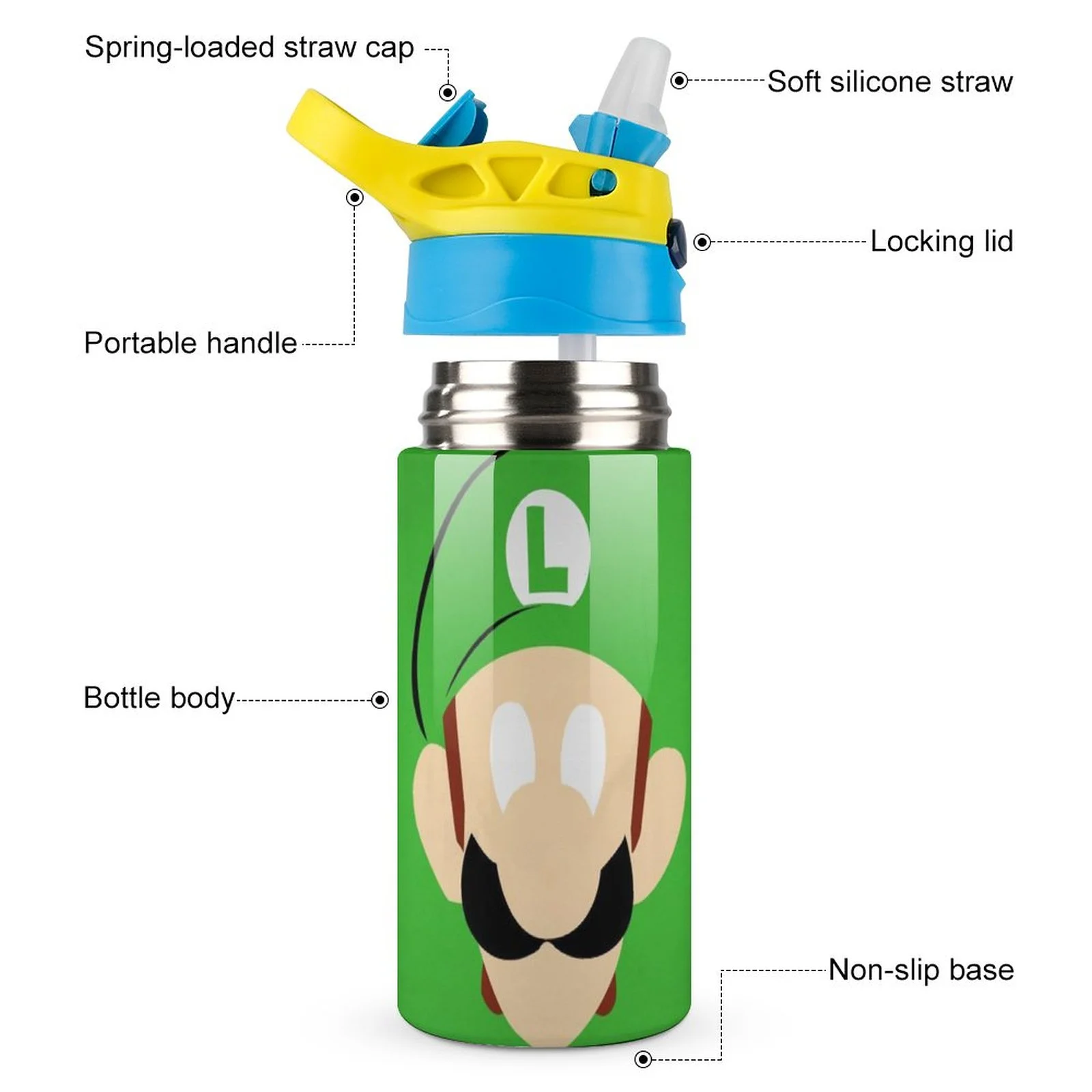 Luigi's Mansion Cartoon Kid's Insulated Water Bottle With Straw Vacuum Stainless Steel Cup Leak-Proof Children Toddler Thermoses