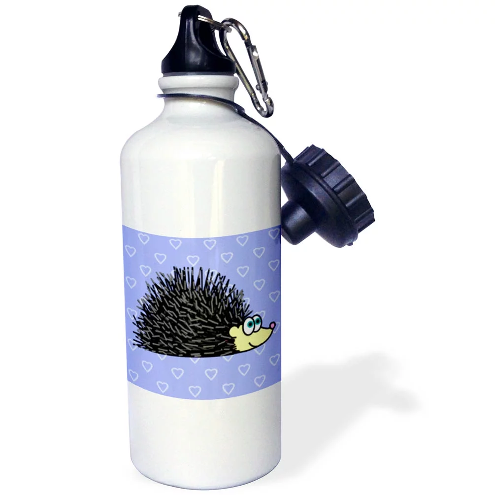 3dRose Cute Hedgehog and Hearts Design Blue - Sports Water Bottle, 21 oz, White