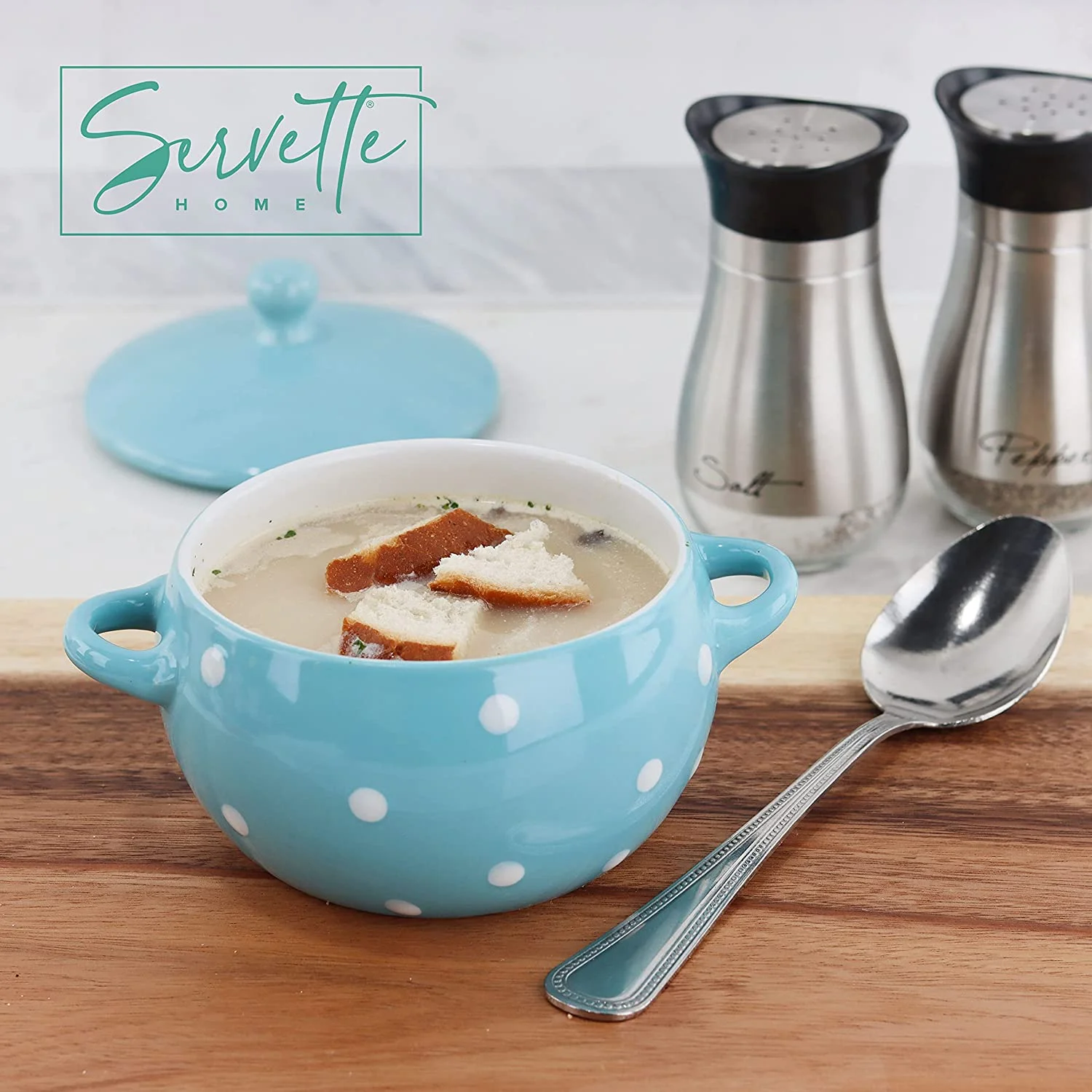 Servette Home Ceramic Soup Bowls with Handles and Lids Ceramic Polka Dot Set of 2 Blue