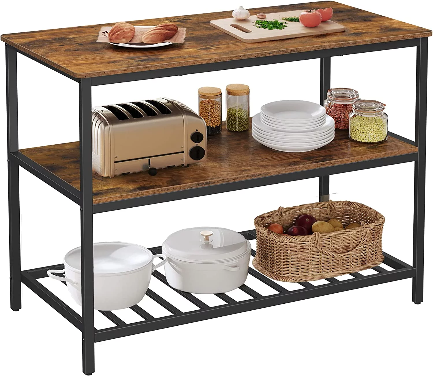 VASAGLE Kitchen Storage Island 3-Tier Kitchen Shelf Organizer Kitchen Baker’s Rack Coffee Bar Rustic Brown & Black
