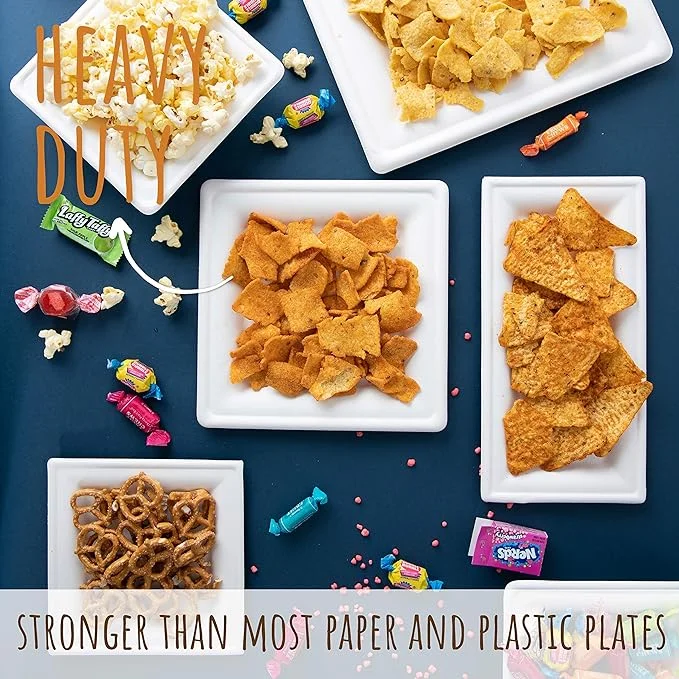 Brheez Heavy Duty Square Disposable Plates - 100% Biodegradable, Compostable Sugarcane, 8