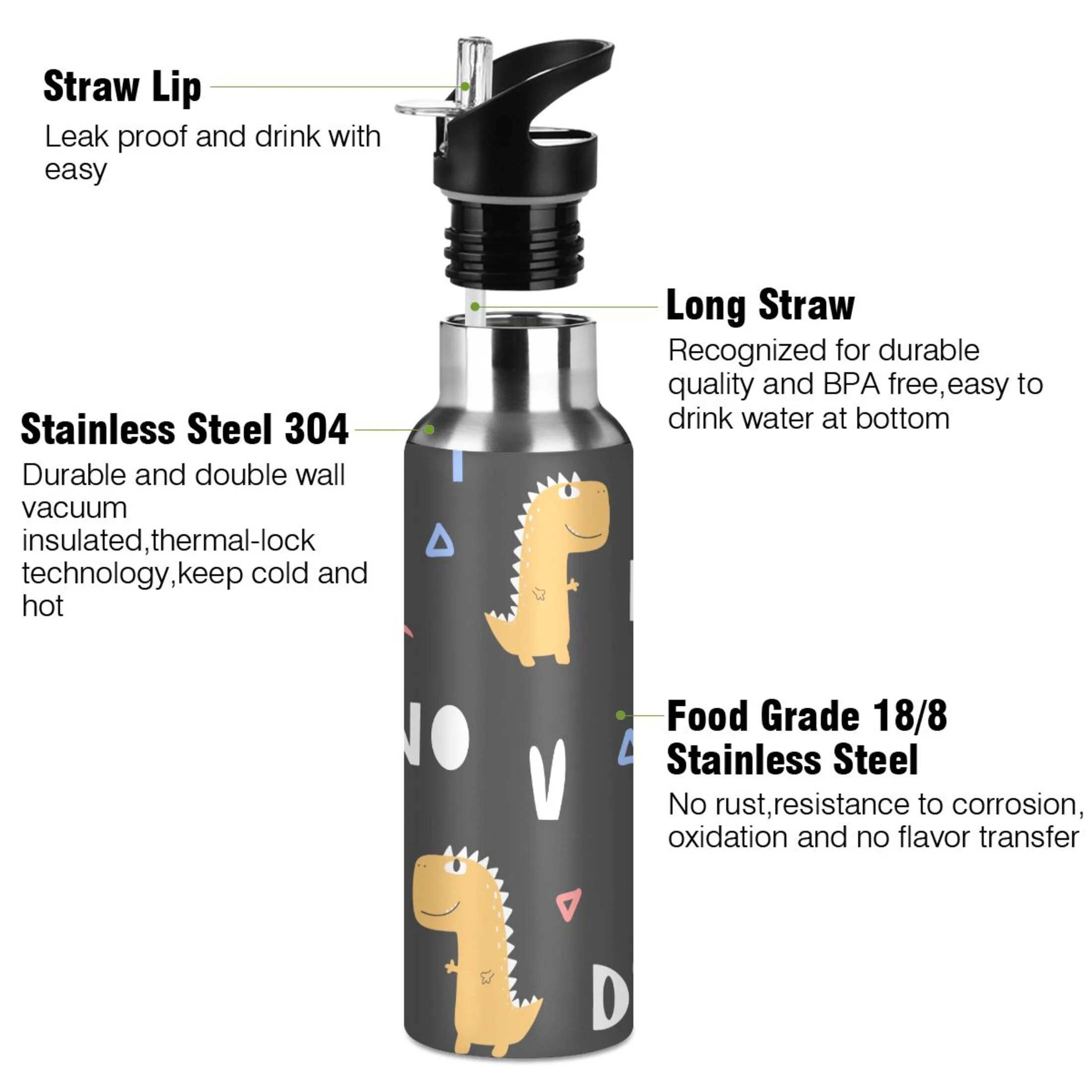 Water Bottle with Straw Lid Leak Dinosaur Stainless Steel Insulated Thermos Vacuum Flask for Cold Hot Drinking for Sports Camping Gym Yoga