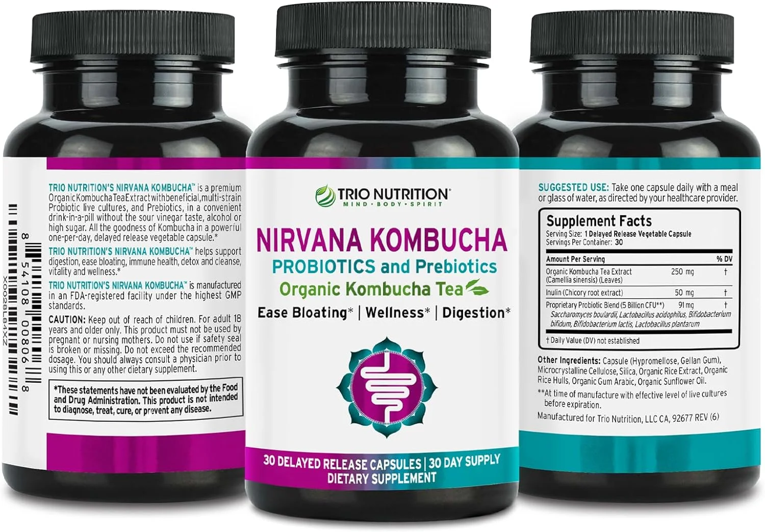 Trio Nutrition Nirvana Kombucha | Billions of Multi-Strain Probiotics, Prebiotic & Organic Kombucha Tea | Eases Bloating, Digestive & Immune Support for Men & Women | Supports PH Balance*