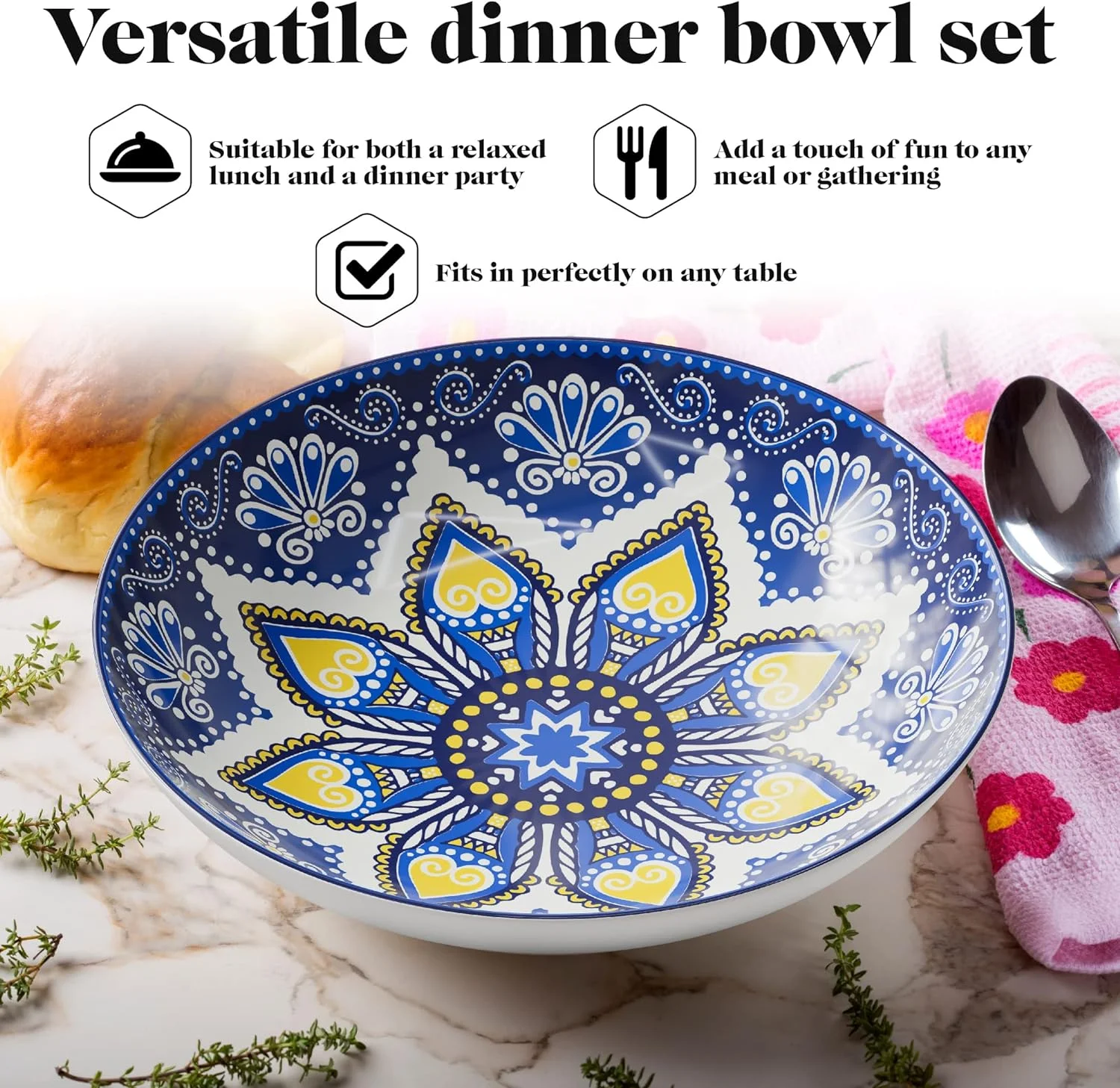 Pasa Bowls | Se Of 4 | Large, 9-Inch, Dinner Serving Plaes | Wide And Shallow Bowls Se For Pasa, Salad, Soup, Spaghei, Sews, Or Cereal | Blue & Yellow Medallion Moif