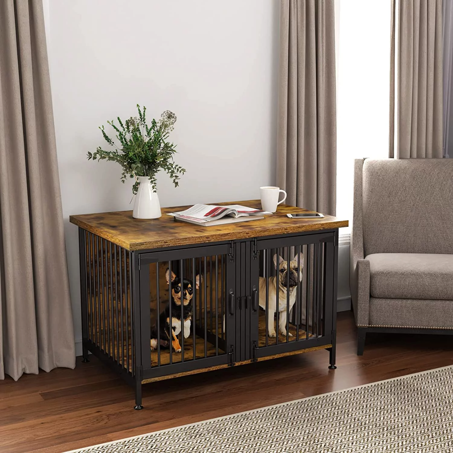 Double Dog Crate with Divider for 2 Small Dogs or 1 Dog, Furniture Style Kennel Indoor Cage with Removable Panel (Int.dims:36.2”Wx24.5”Dx21”H)