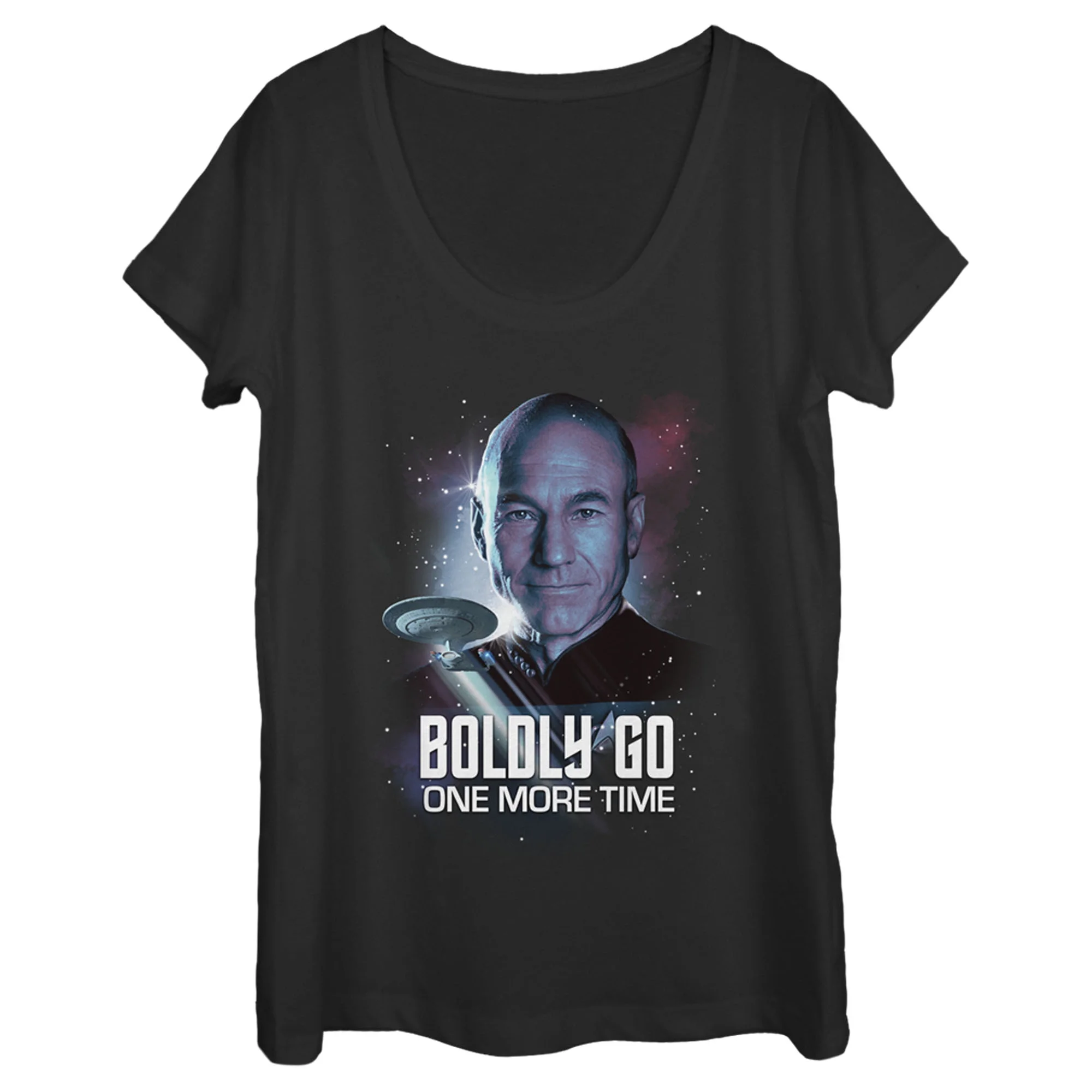 Women's Star Trek: The Next Generation Captain Picard Boldly Go One More Time  Scoop Neck Black Large