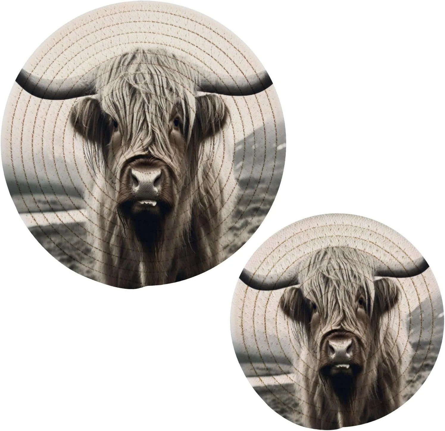 Hidove Highland Cow Round Woven Potholders Set Trivets for Hot Dishe Heat Resistant Non-Slip Trivets for Cooking and Baking Kitchen Decoration