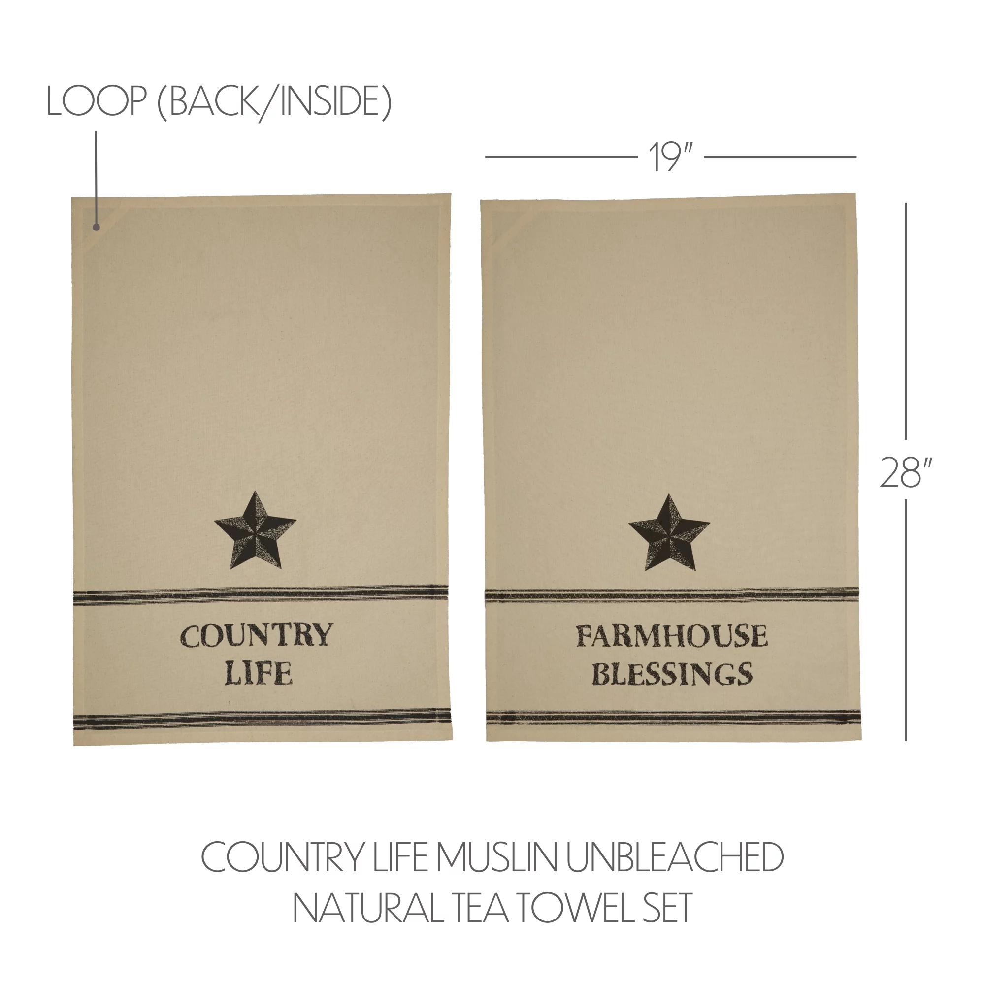 VHC Brands Farmhouse Star Country Life Blessings Text Muslin Cotton Primitive Thanksgiving Tabletop Fabric Loop Stenciled Kitchen Towel Set of 2, Antique Creme White