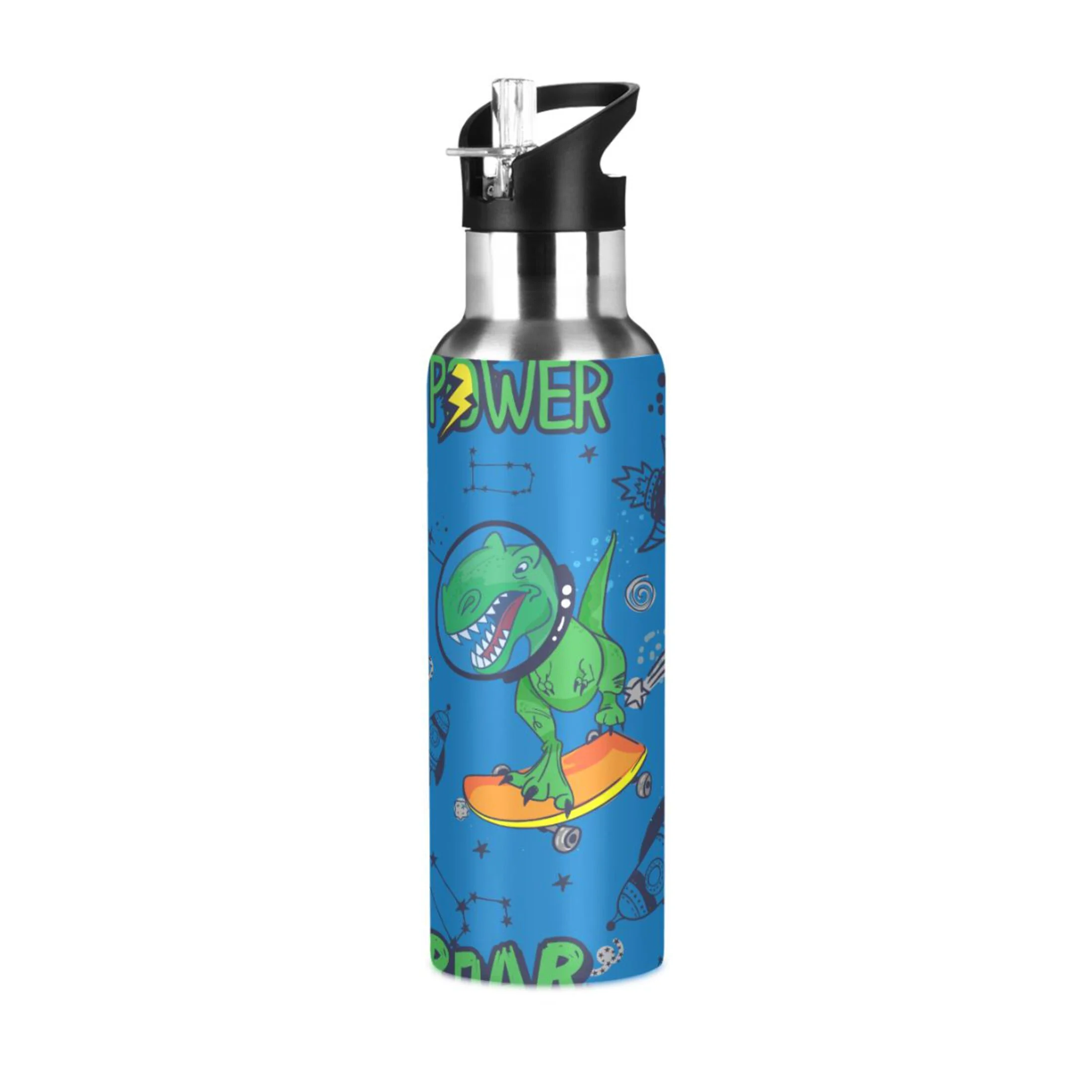 Water Bottle with Straw Lid Leak Dinosaurs Jurassic Galaxy Stainless Steel Insulated Thermos Vacuum Flask for Cold Hot Drinking for Sports Camping Gym Yoga