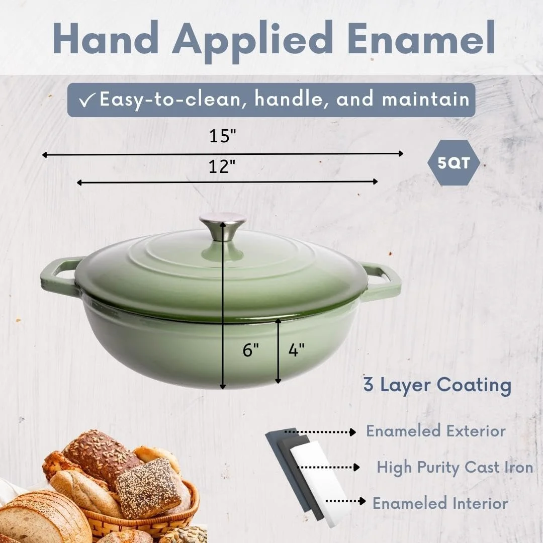 Open Box LEXI HOME 6QT Round Cast Iron Dutch Oven Braiser in Green Ombre with Lid - GREEN