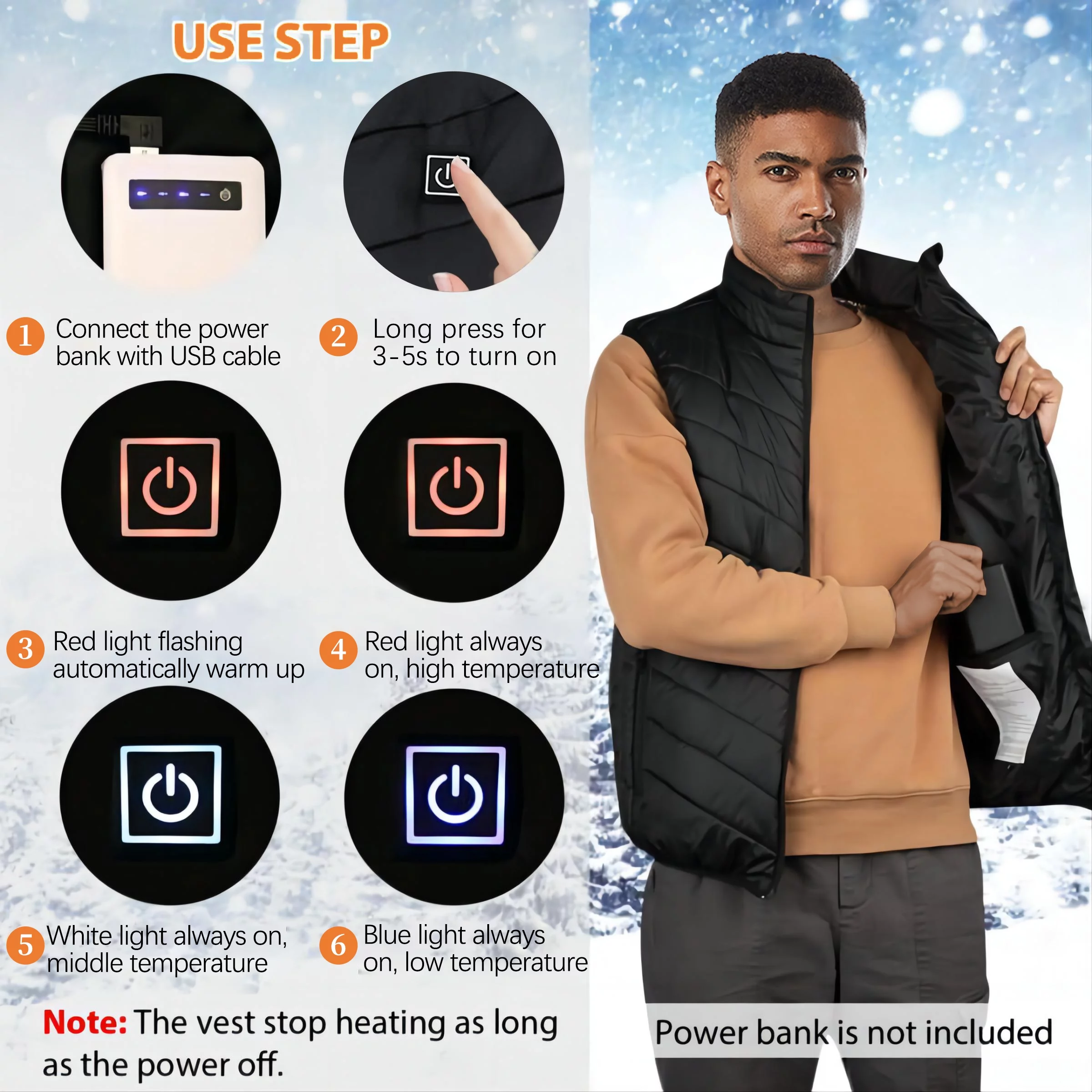 Lightweight Electric Heated Vest for Men Women, Unisex Rechargeable Heated Jacket USB Charging Winter Clothes Coat for Outdoor Hiking,Black(Battery not Included)