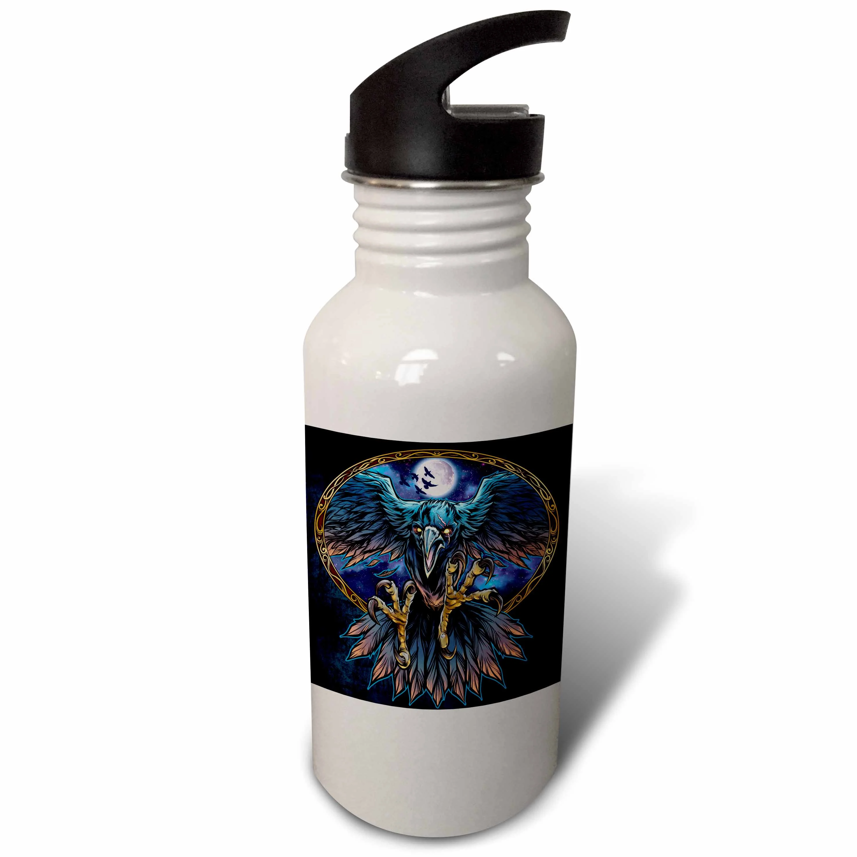 A raven flies with a full moon to its back Flip Straw 21oz Water Bottle wb-295919-2