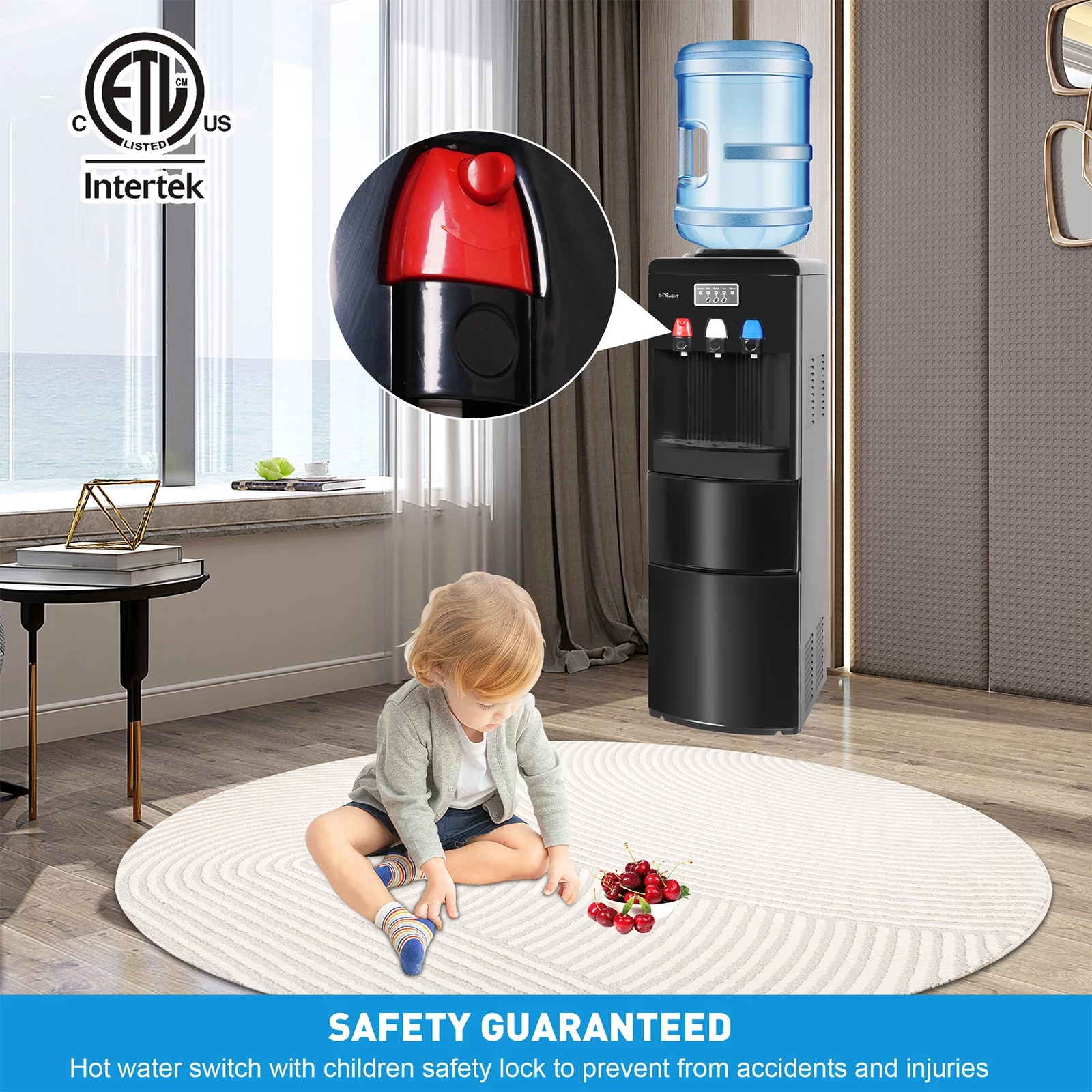 Water Dispenser with Ice Maker, 2 in 1 Water Dispense with Built-in Ice Maker, Water Cooler Dispenser for 3-5 Gallon Bottle with a Scoop, Ice-making Chamber, Child Safety Lock, Black