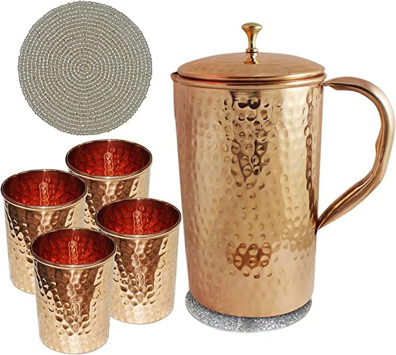 Indian Pure Copper Jug with 4 Tumbler Glass Set for Ayurvedic Healing, Capacity 1.6 Litre