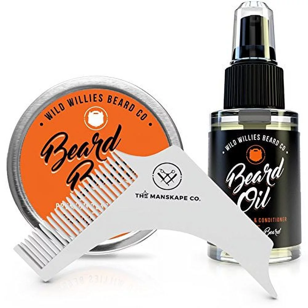 Wild Willies Beard Oil, Beard Butter, and Beard Shaping Tool, Men's Gift Set