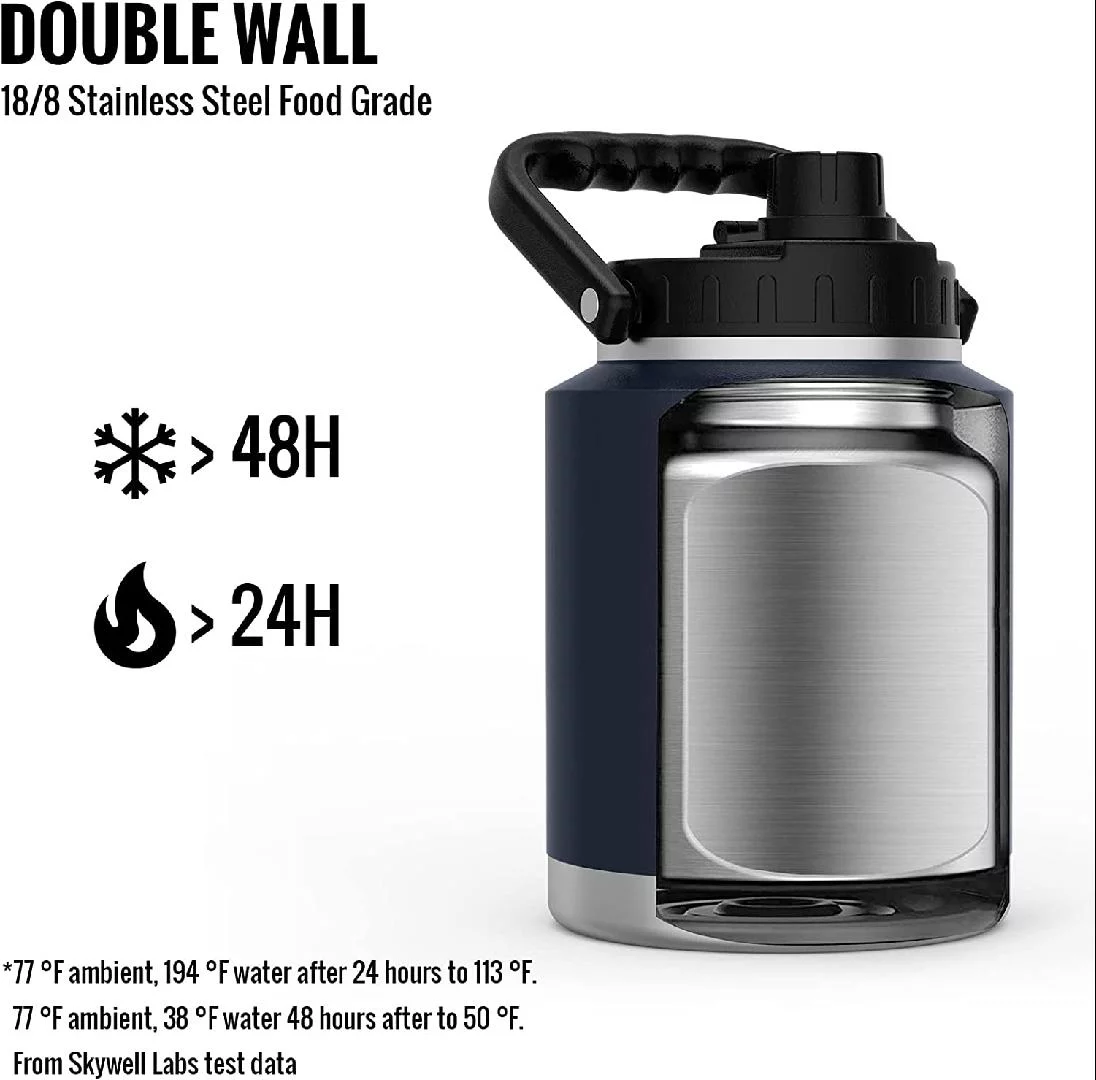 Insulated Water Bottle 64oz Stainless Steel Water Bottle with Handle and Wide Mouth Water Flask Sweat-Proof and Leak-Proof Half Gallon Water Jug for Hiking Camping and Outdoors Navy