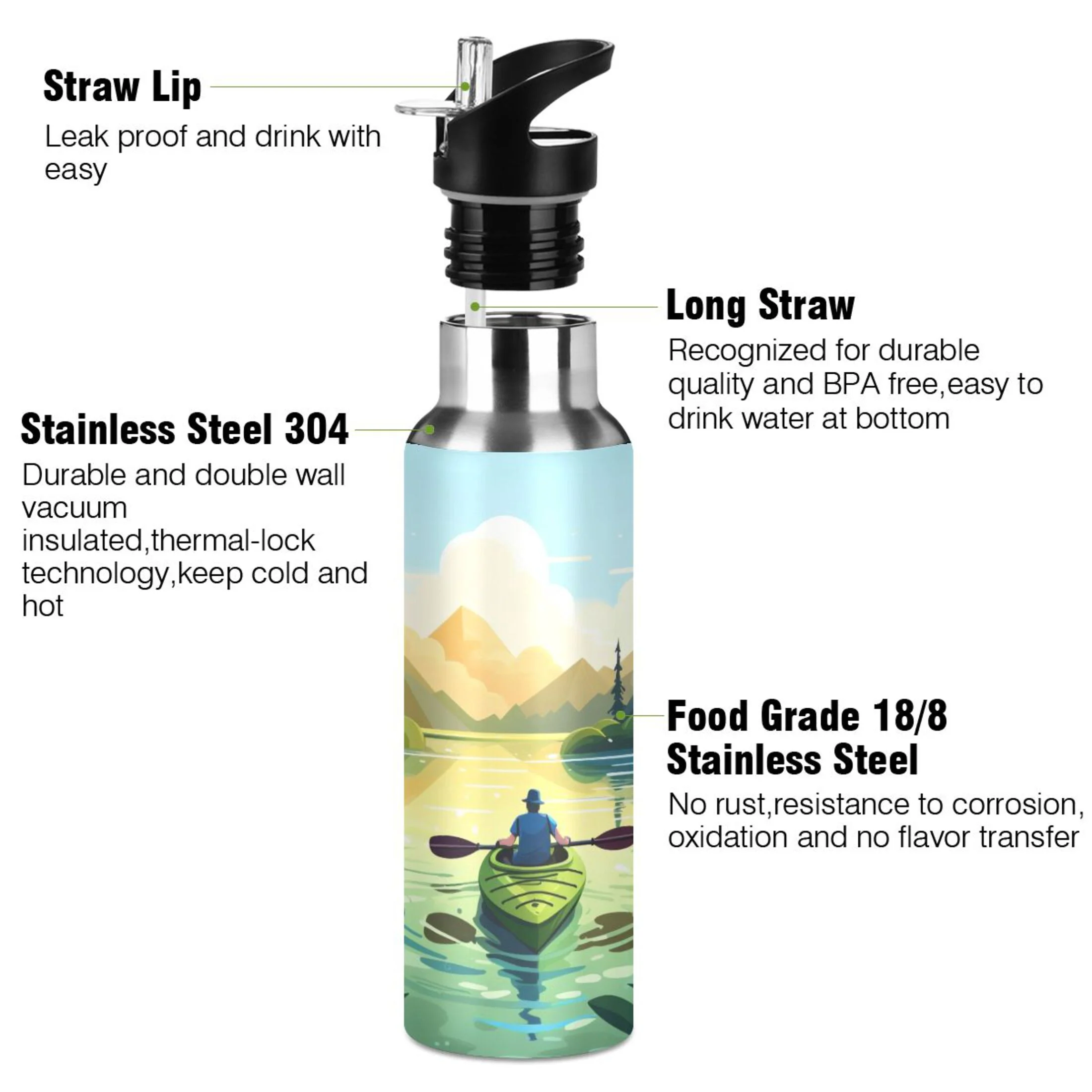 Boating- 101 - To Boating Landscape Water Bottles Insulated Thermos Kids Stainless Steel Bottle with Straw Lid Flask Leakproof for Sports Gym 20 oz