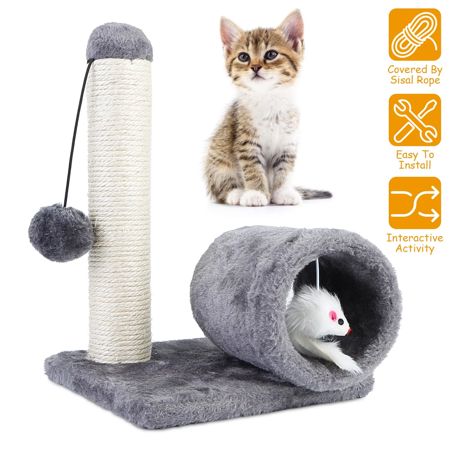 iMountek Cat Scratching Post Cat Kitten Sisal Scratch Post Toy with Tunnel & Lifelike Mouse Toy Pet Activity Play Fun